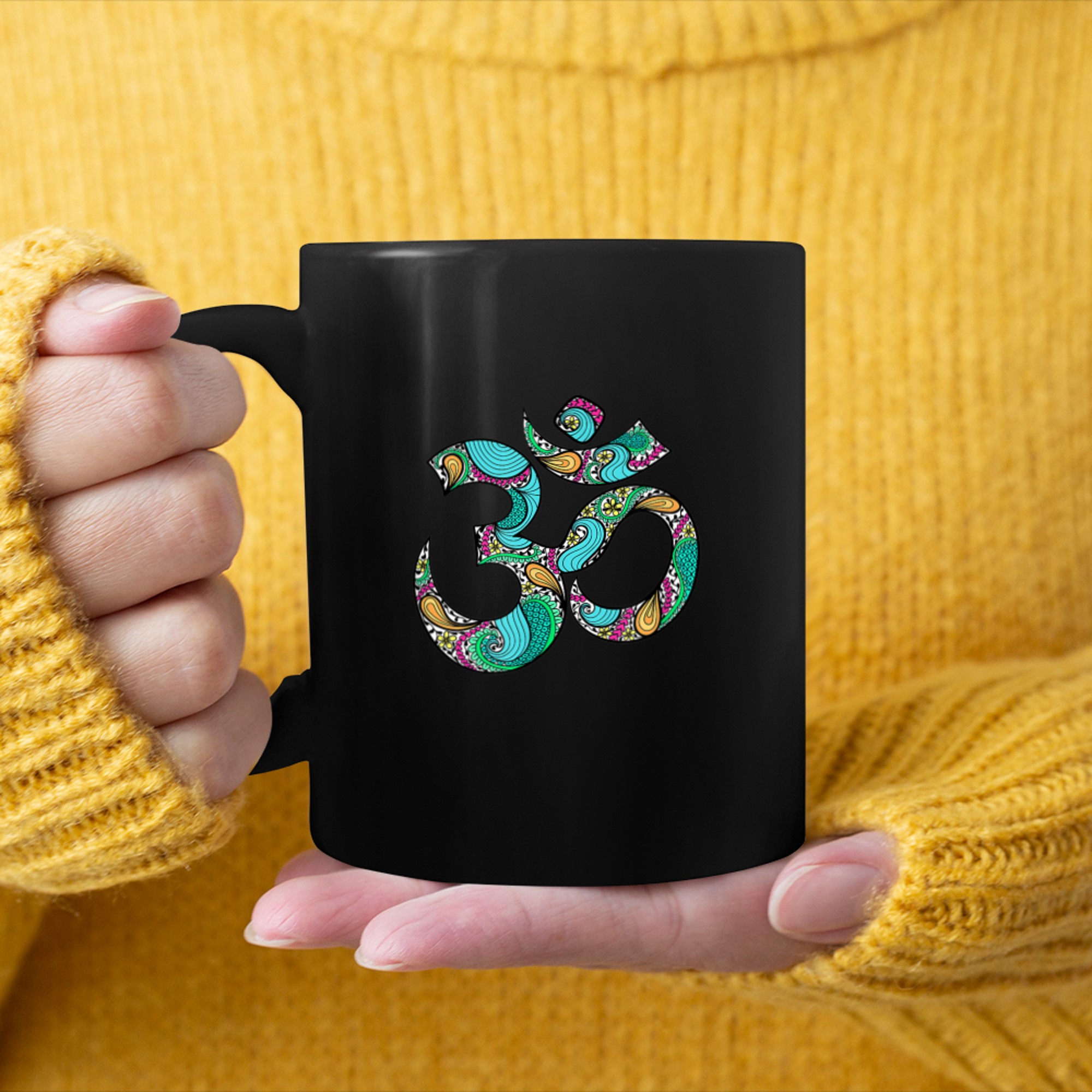 Om Ohm Aum Symbol T Shirt Spiritual Yoga Tee mug black