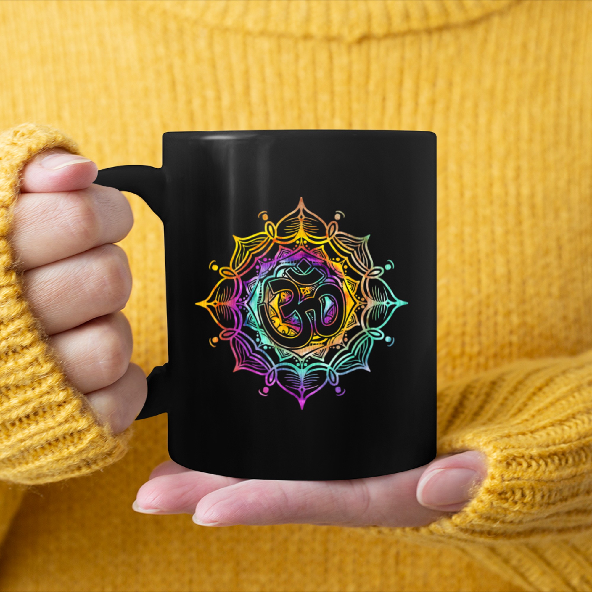 Om Symbol Colorful Mandala Geometry Buddhism Namaste Yoga (1) mug black