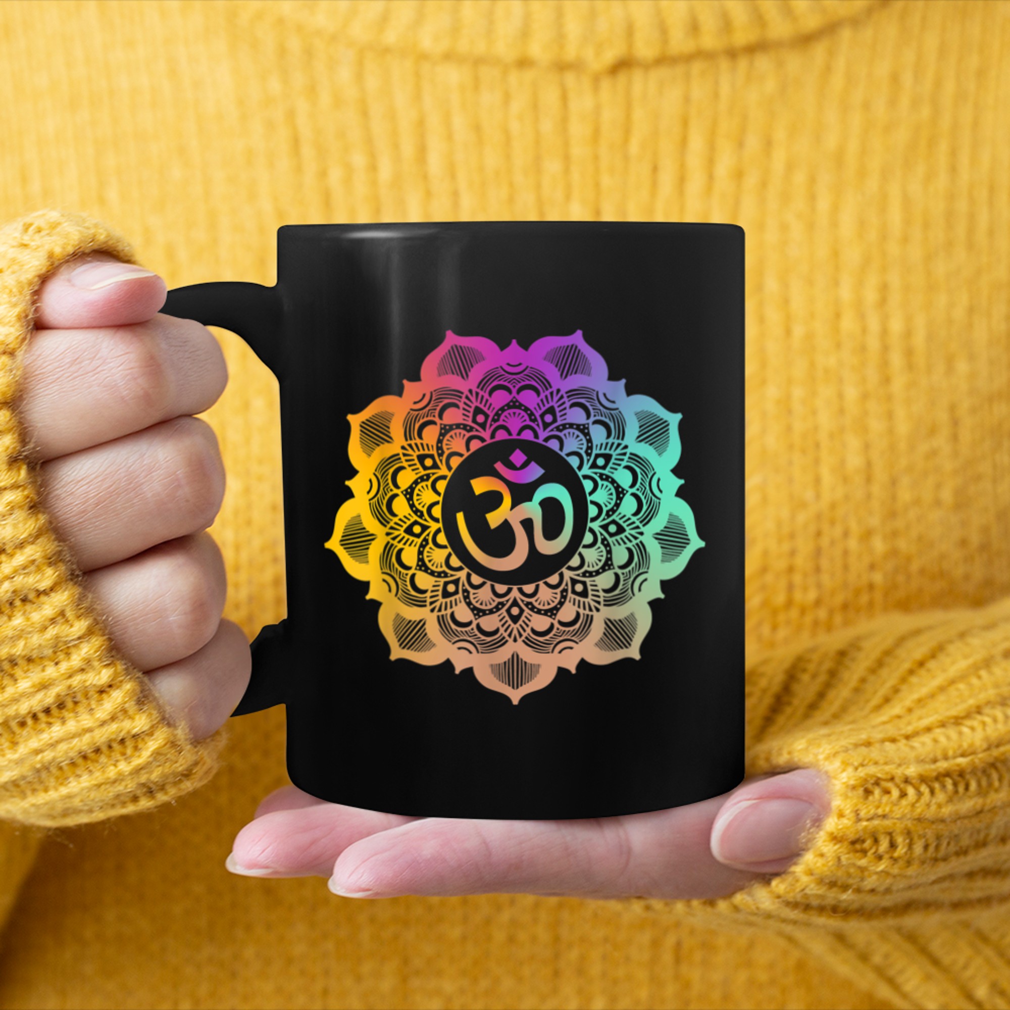 Om Symbol Colorful Mandala Geometry Buddhism Namaste Yoga (2) mug black