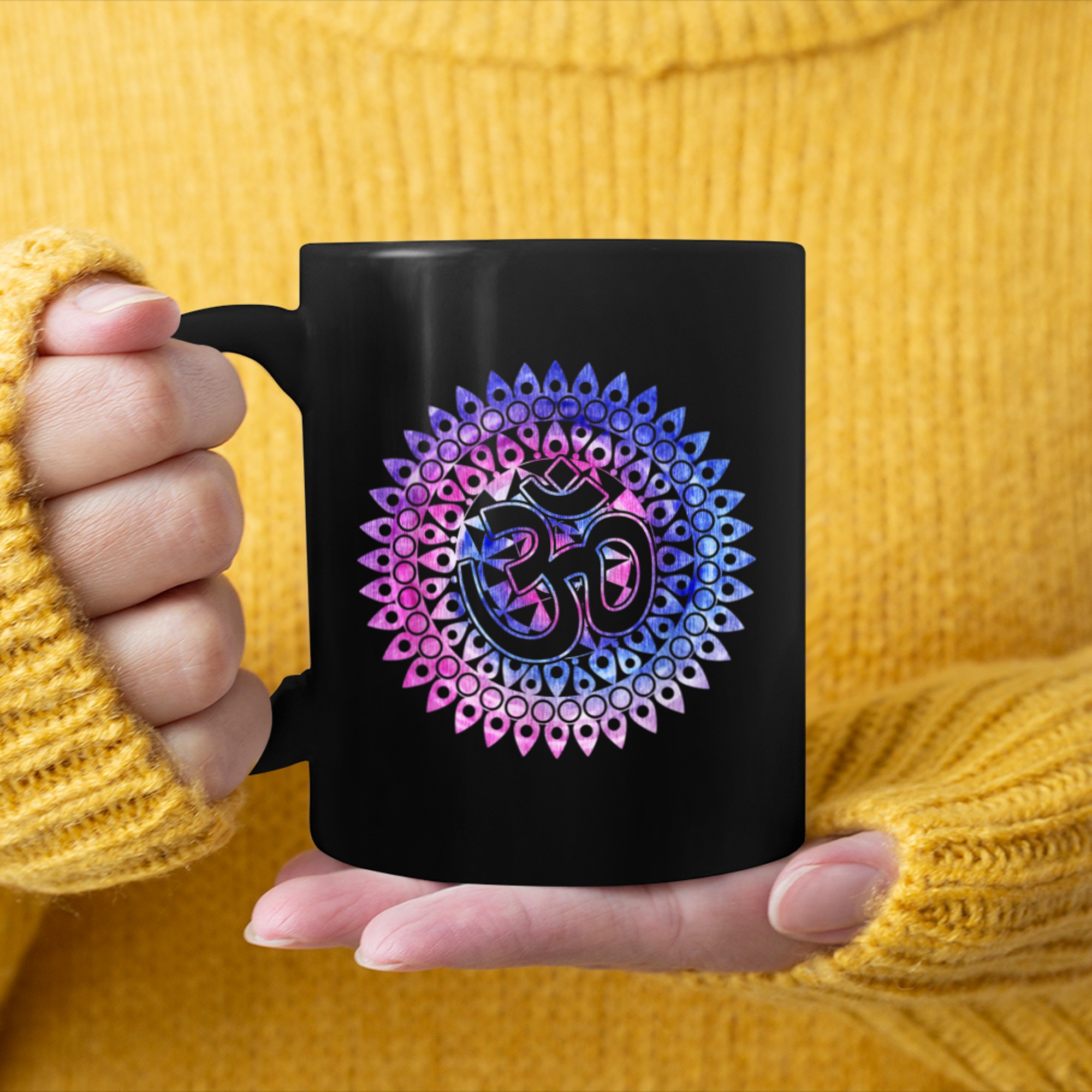 Om Symbol Colorful Mandala Geometry Buddhism Namaste Yoga (3) mug black