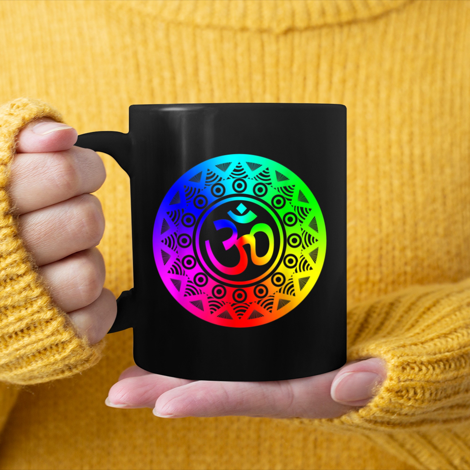 Om Symbol Colorful Mandala Geometry Buddhism Namaste Yoga (5) mug black