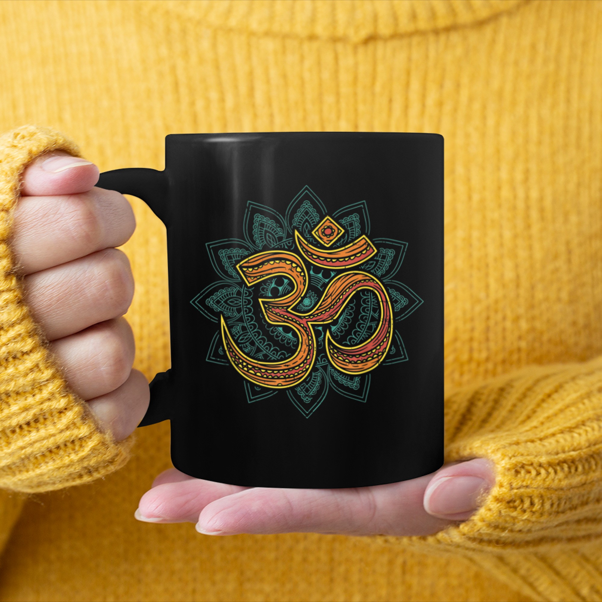 Om symbol Namaste Yoga and Meditation Pose Hamsa Hand (3) mug black