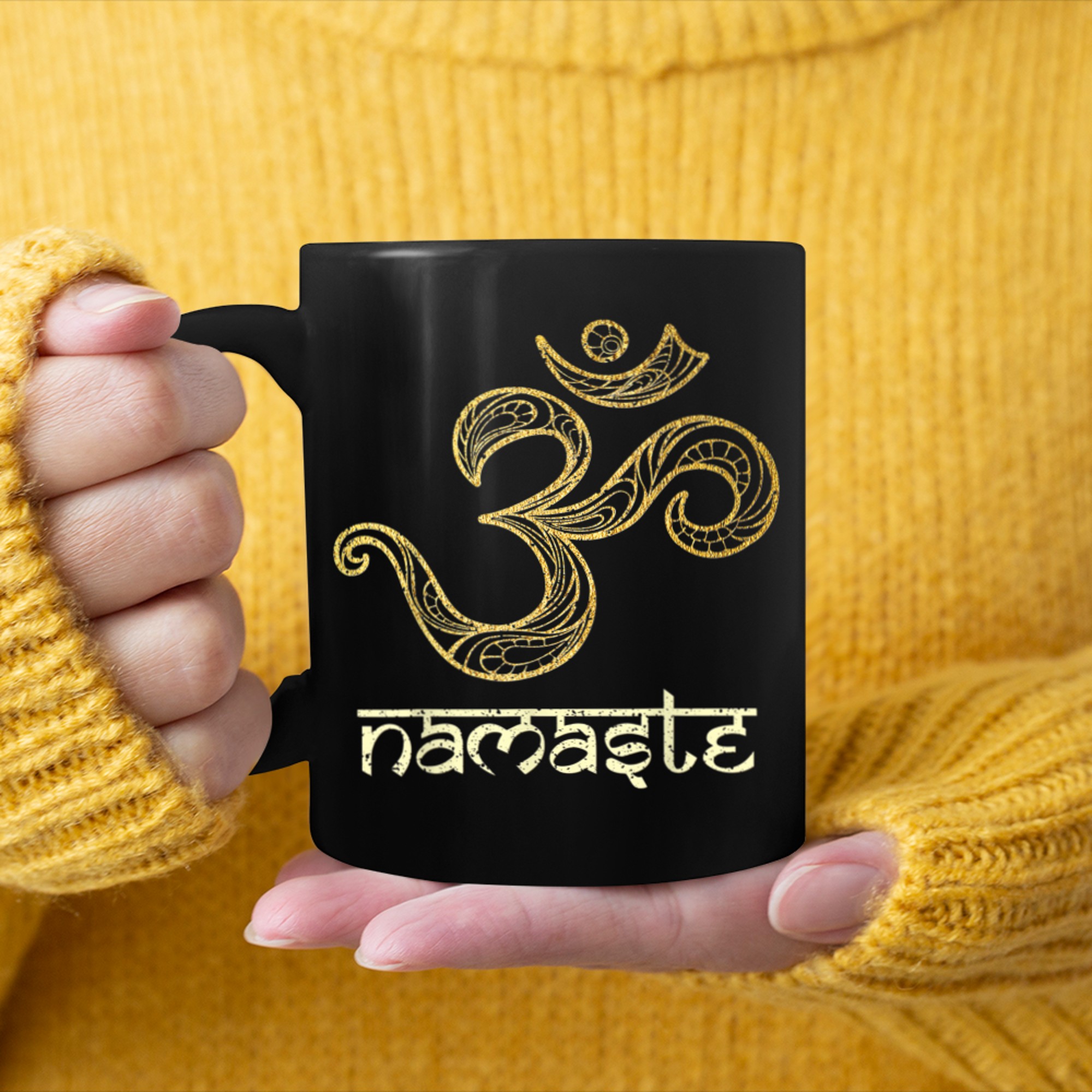 Om Symbol Shirt Namaste Yoga Meditation Gold Mandala Paisley mug black