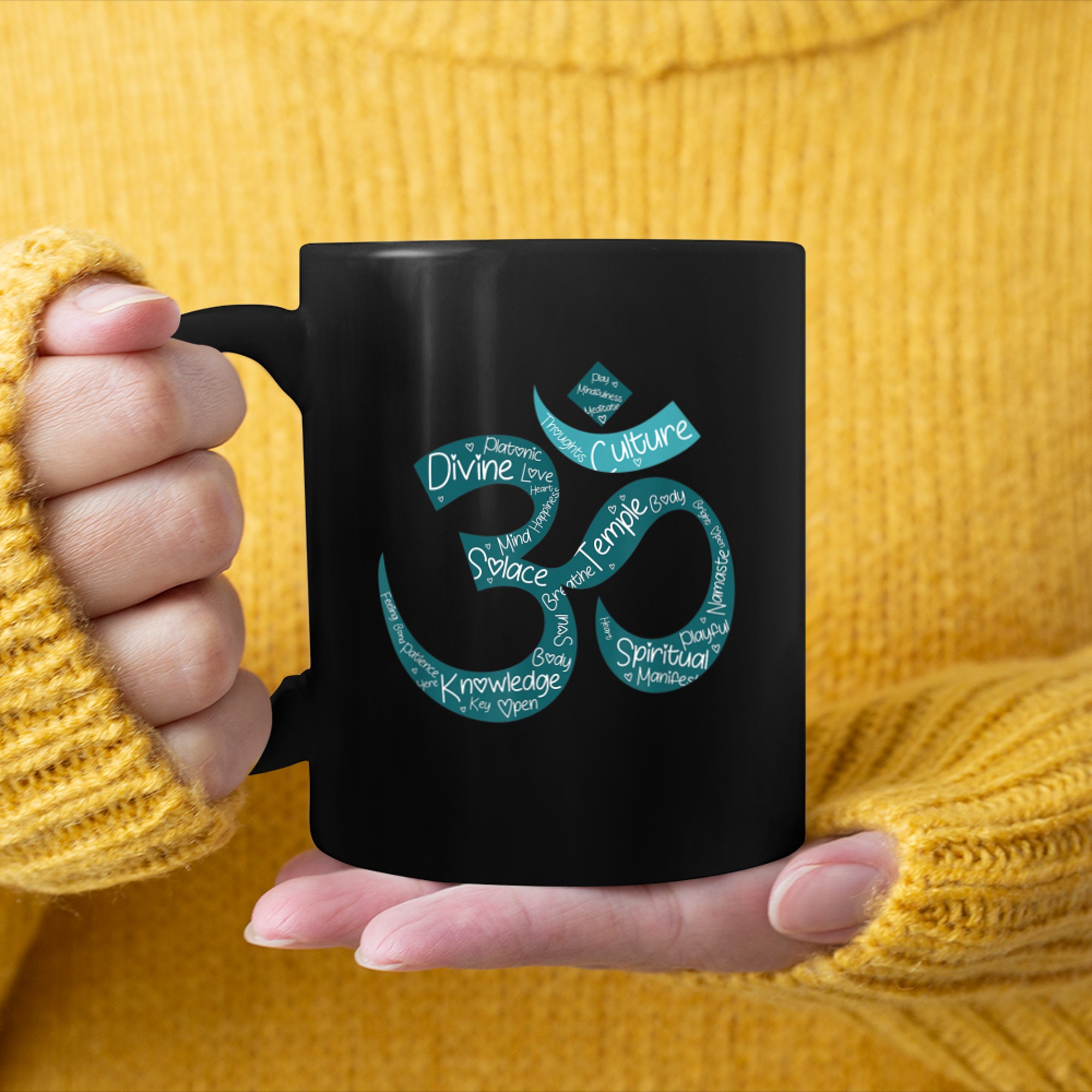 Om Symbol with meditation, yoga & mindfulness words inside (1) mug black