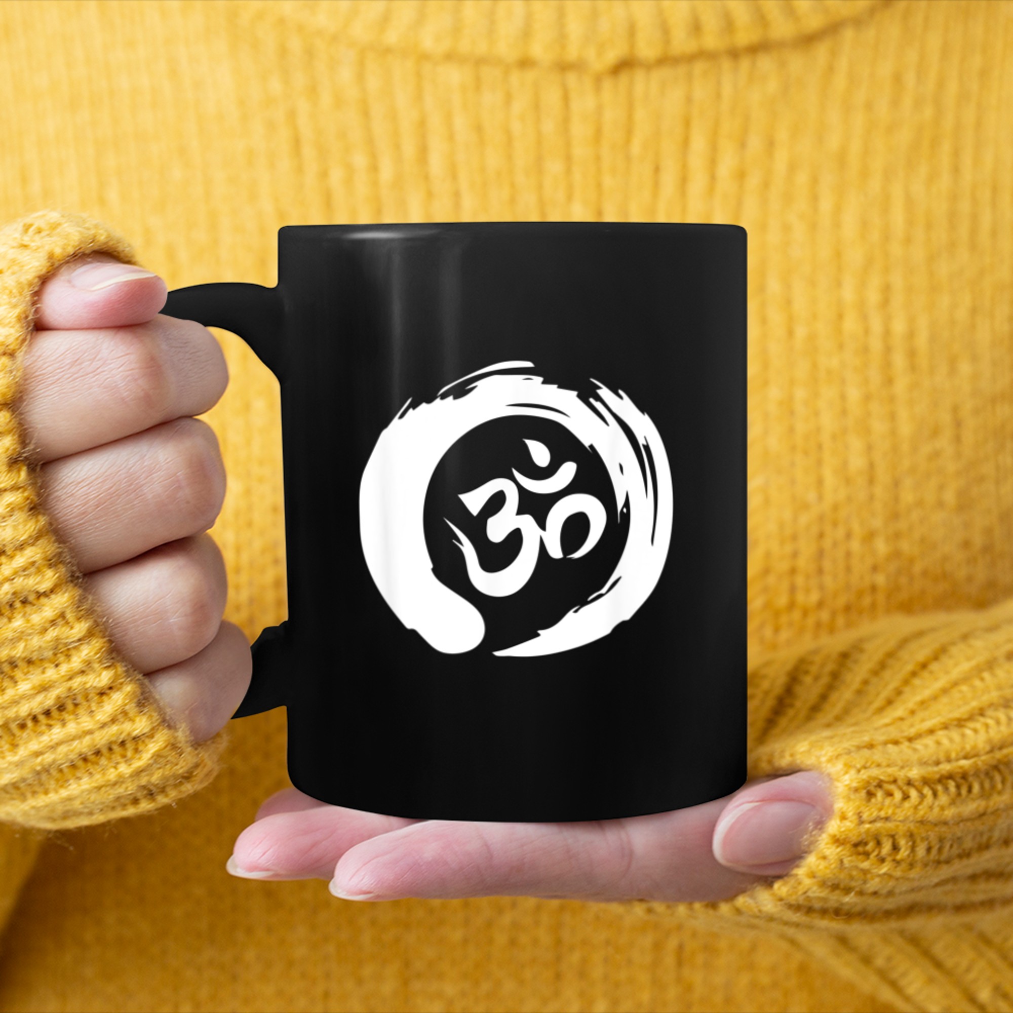 Sanskrit Om Symbol Yoga Tee Shirt mug black