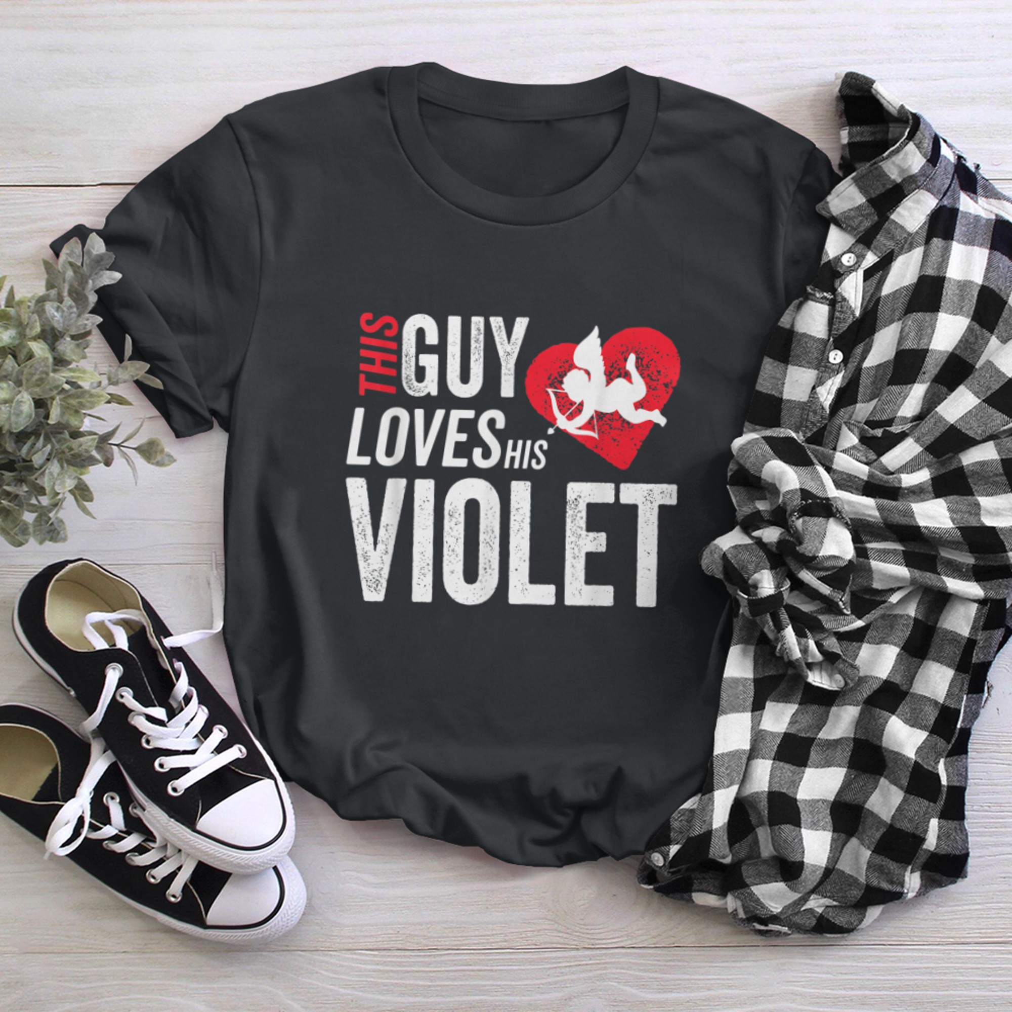 This guy loves his Violet Valentine Anniversary Cupid Heart t-shirt black