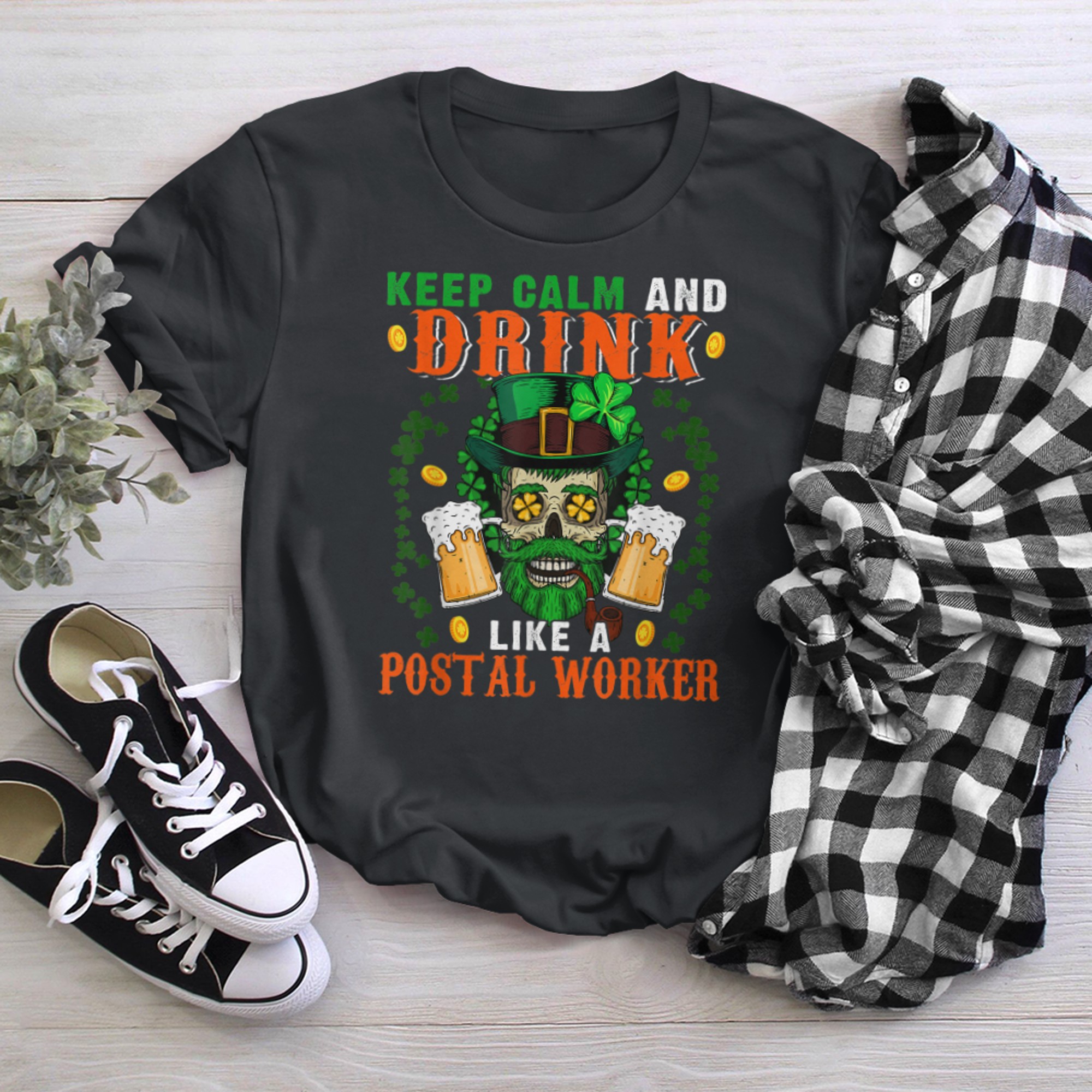 Keep Calm And Drink Like A Postal Worker St. Patrick's Skull t-shirt black