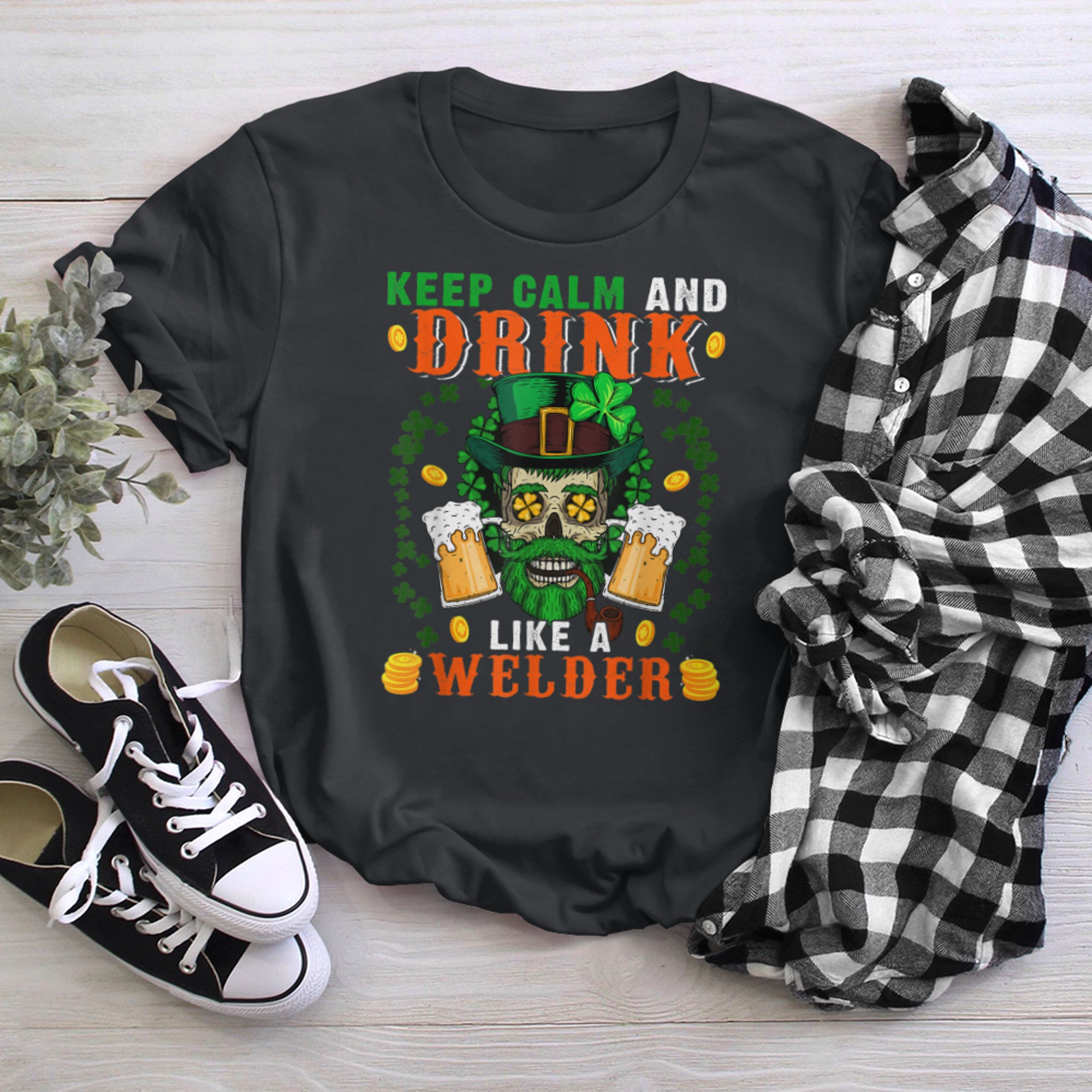 Keep Calm And Drink Like A Welder St. Patrick's Day Skull t-shirt black