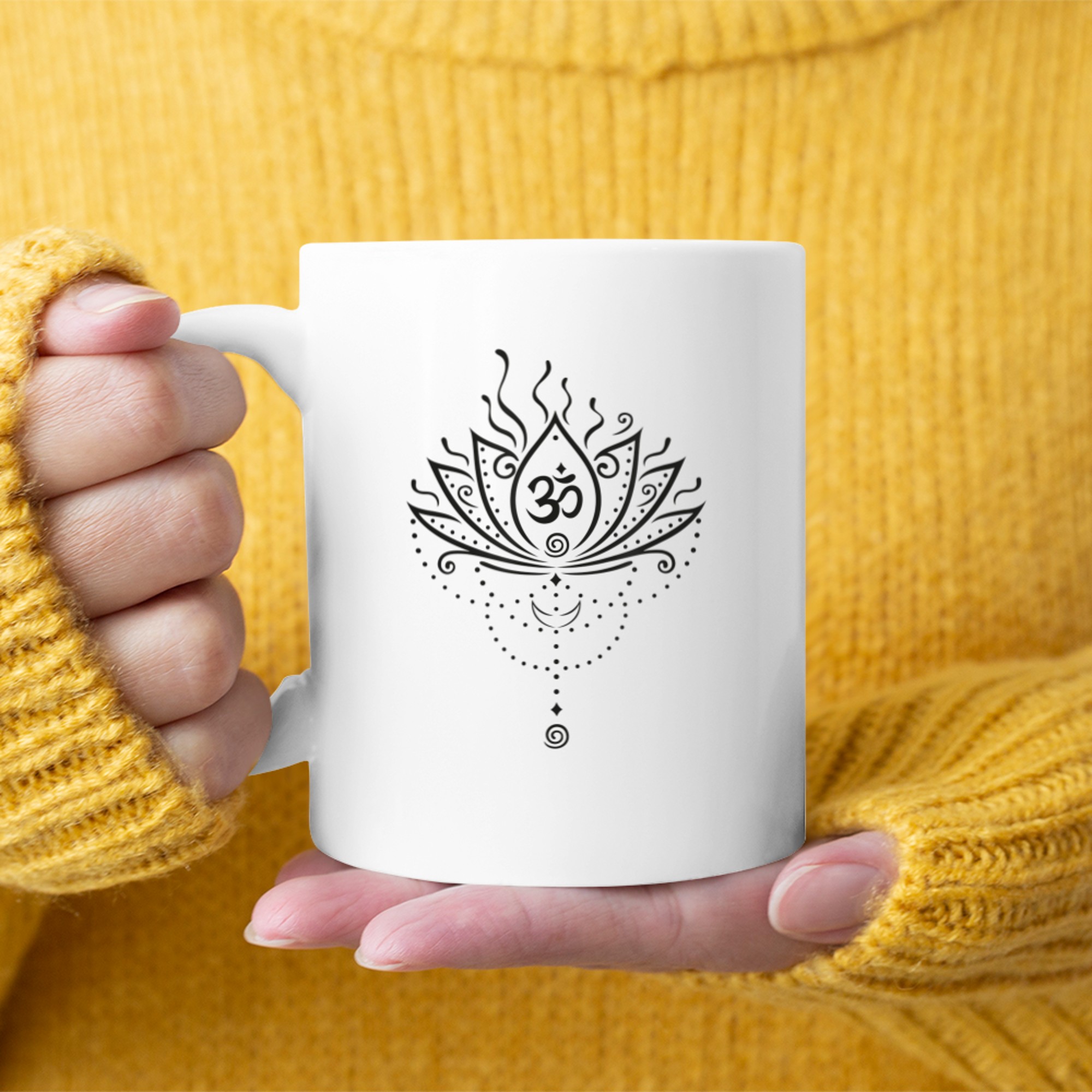 Lotus lotus flower with moon and yoga om symbol mug white