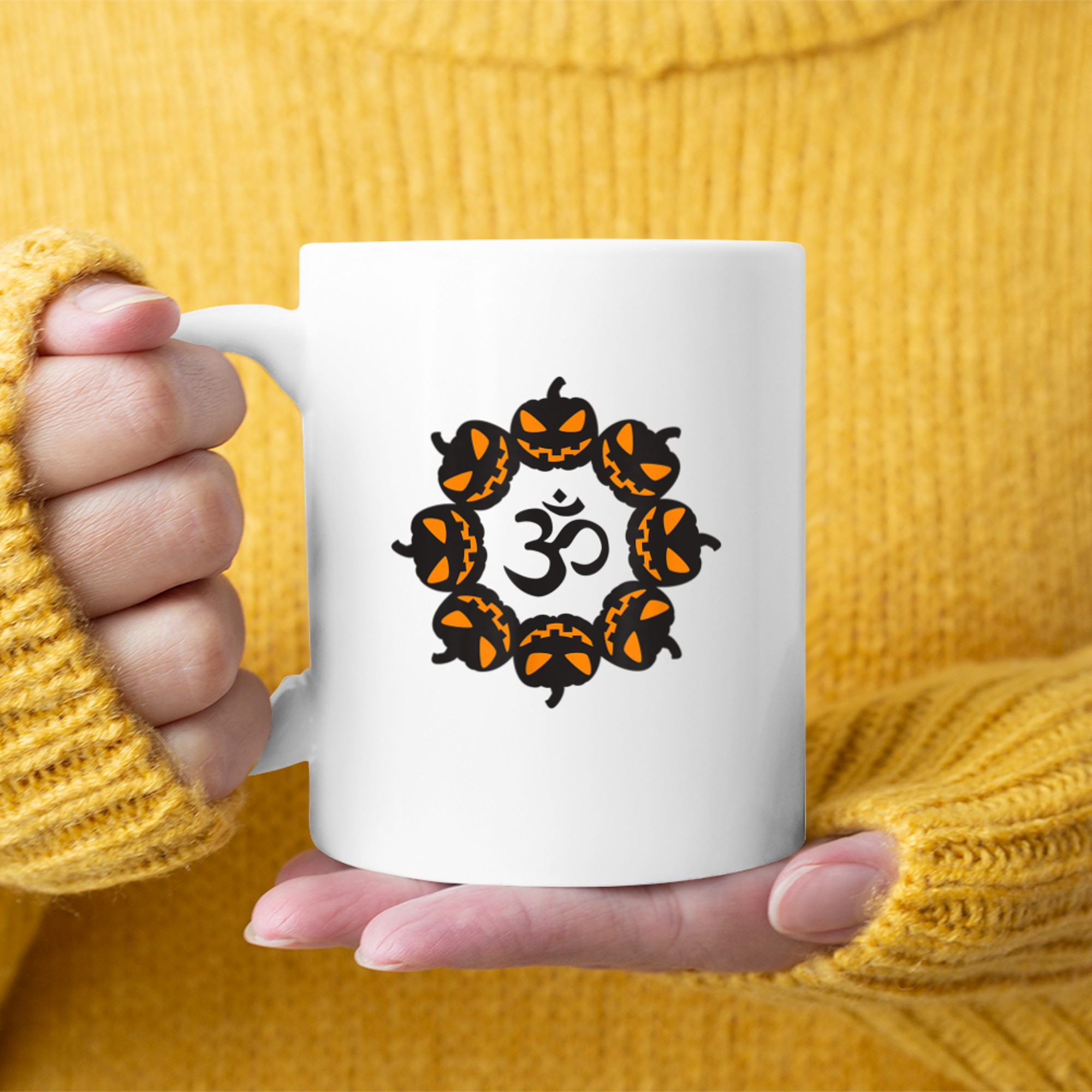 Om Symbol Aum Yoga Meditation Jack 'O Lantern Halloween Fall mug white