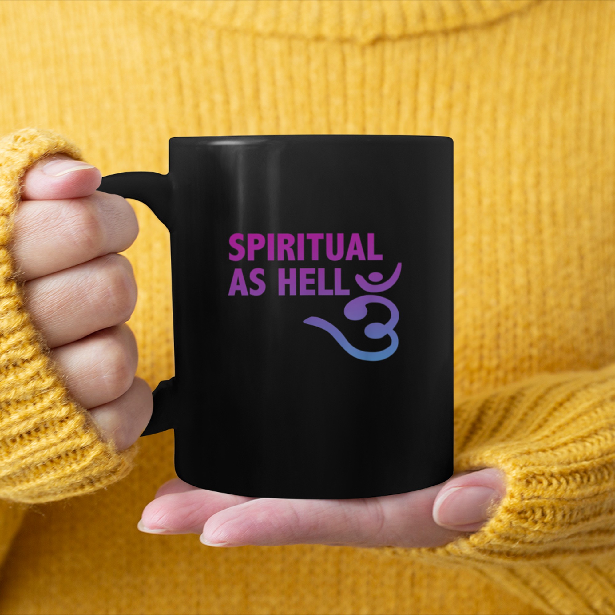 Spiritual As Hell T Shirt With OM Yoga Symbol mug black