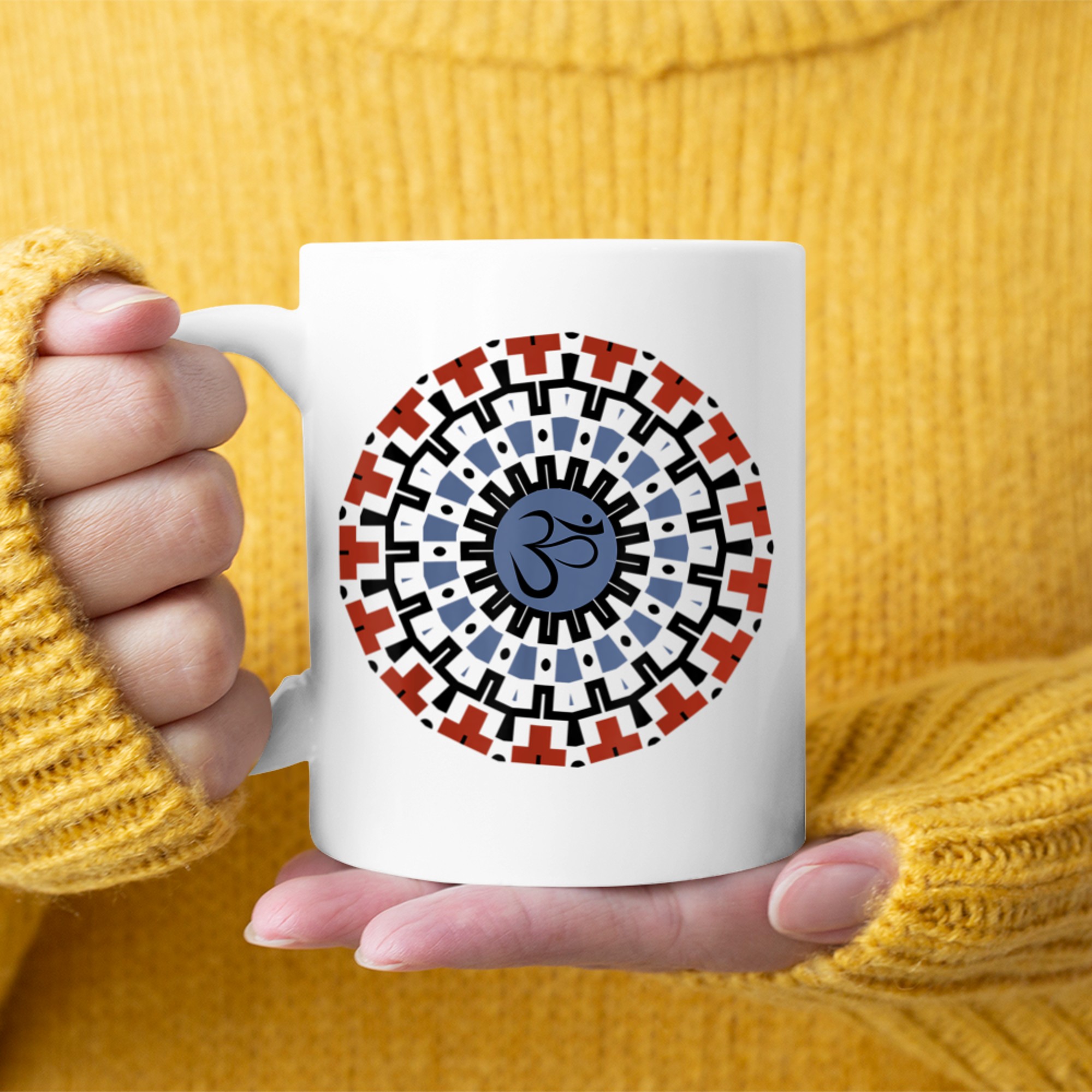 Spiritual Mandala Yoga Om Symbol Tribal Sky Rust Earth Tones mug white