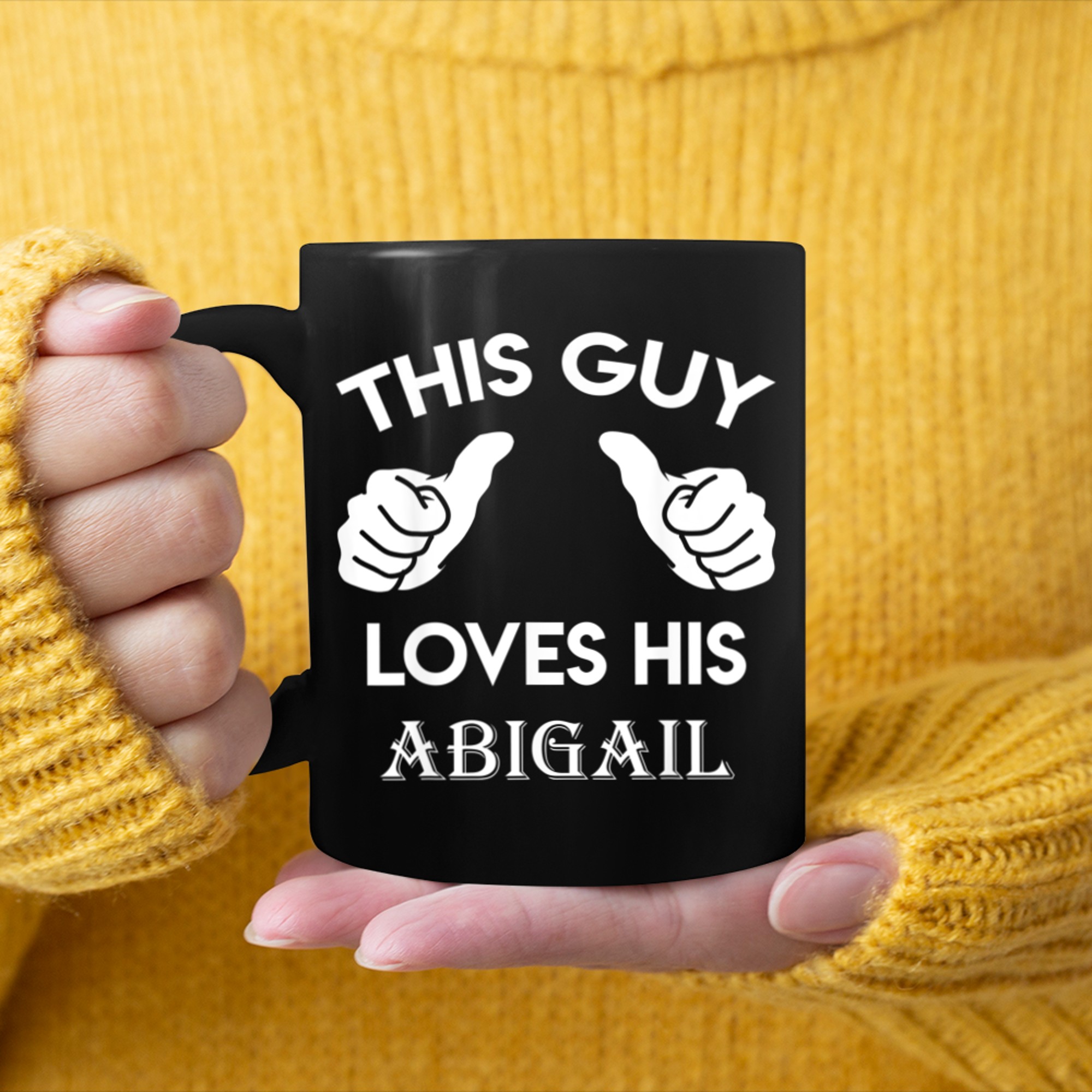 This guy loves his ABIGAIL valentine heart belongs 3 mug black