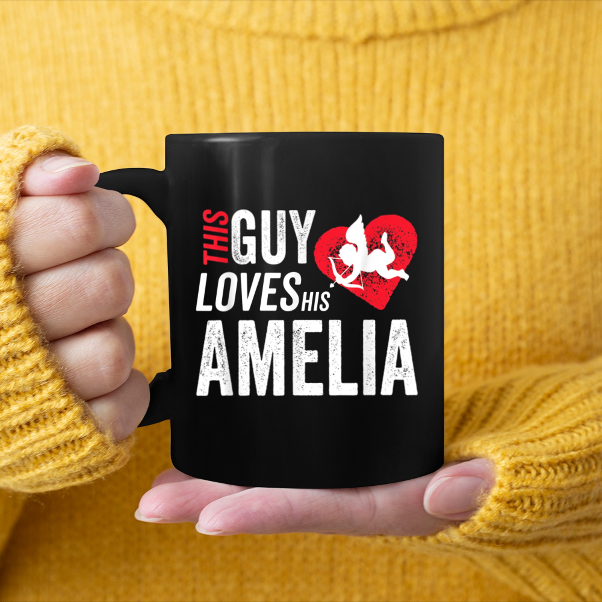 This guy loves his Amelia Valentine Anniversary Cupid mug black