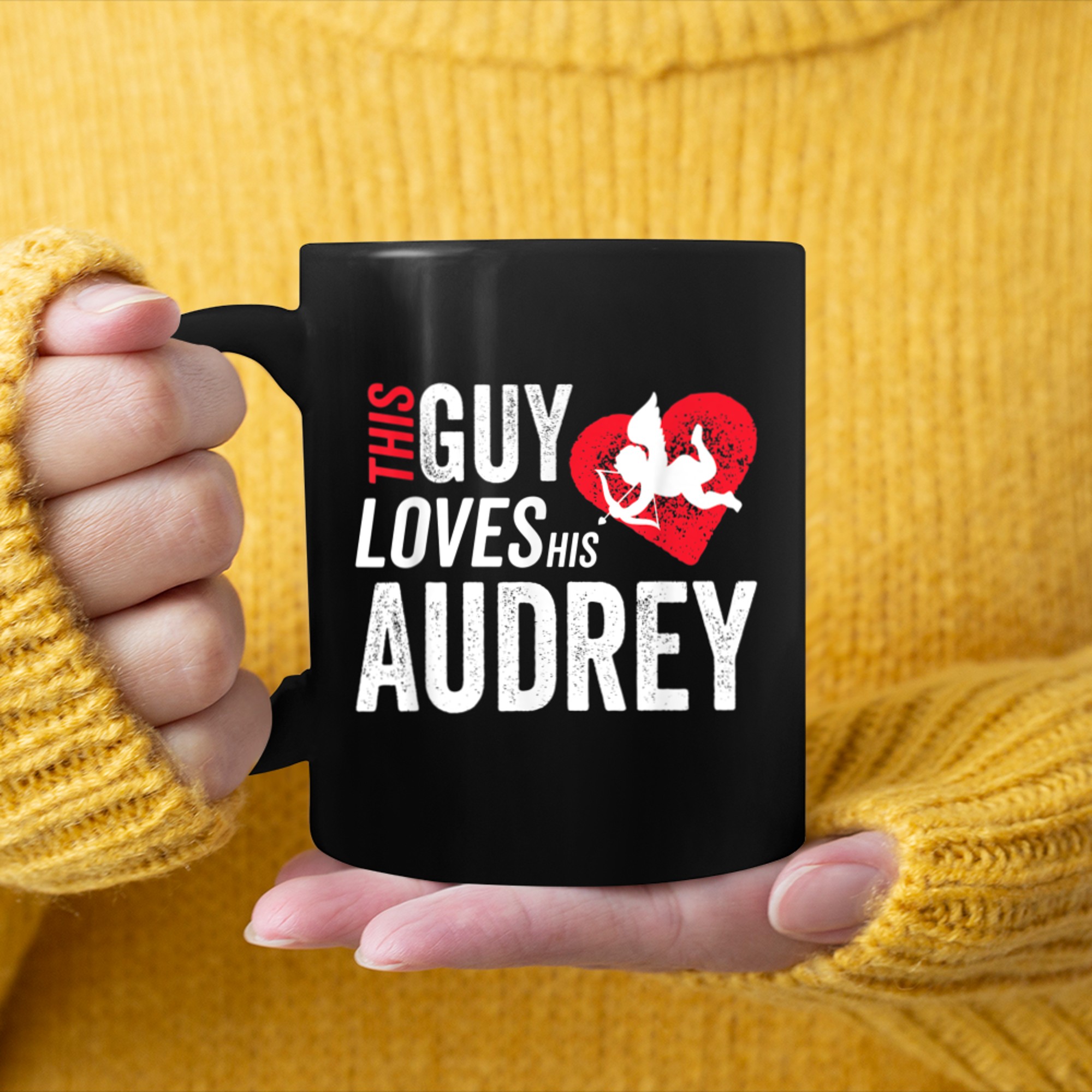 This guy loves his Audrey Valentine Anniversary Cupid Heart mug black