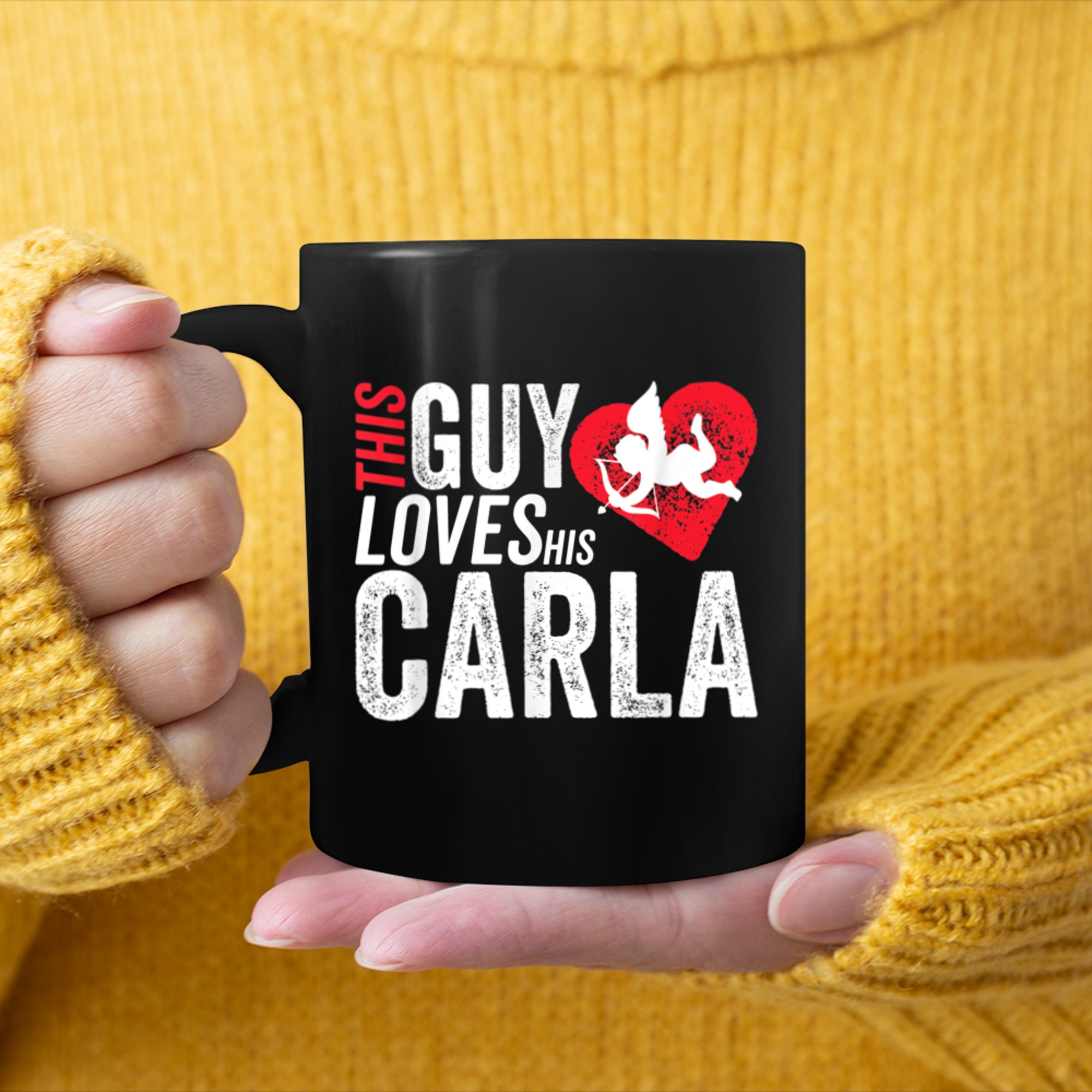 This guy loves his CARLA valentine Anniversary Cupid Heart mug black