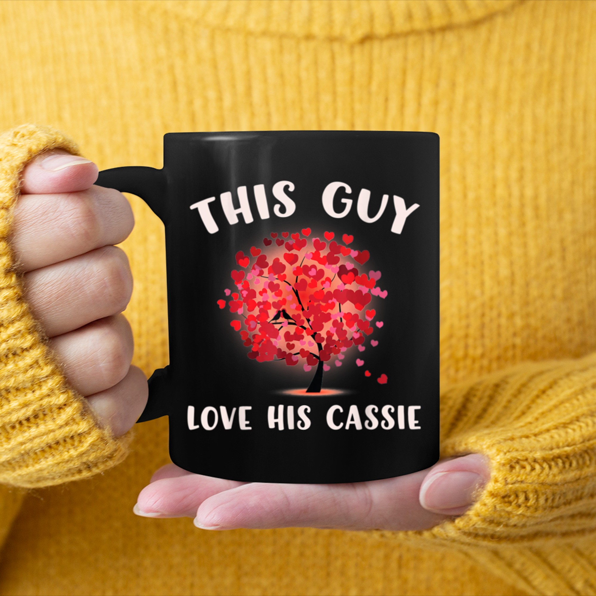 This Guy Loves His CASSIE Valentine Tree Cupid Heart mug black