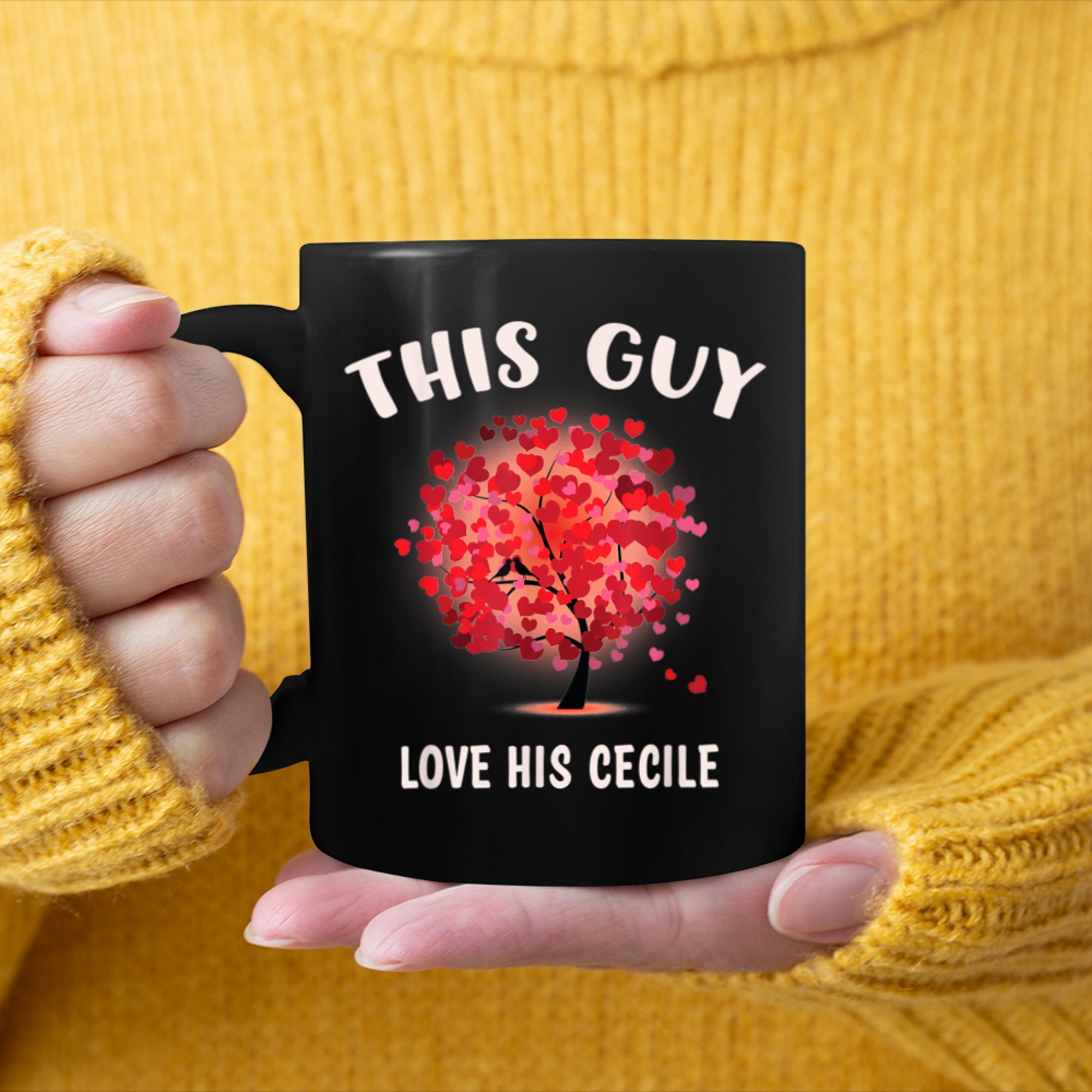 This Guy Loves His CECILE Valentine Tree Cupid Heart mug black