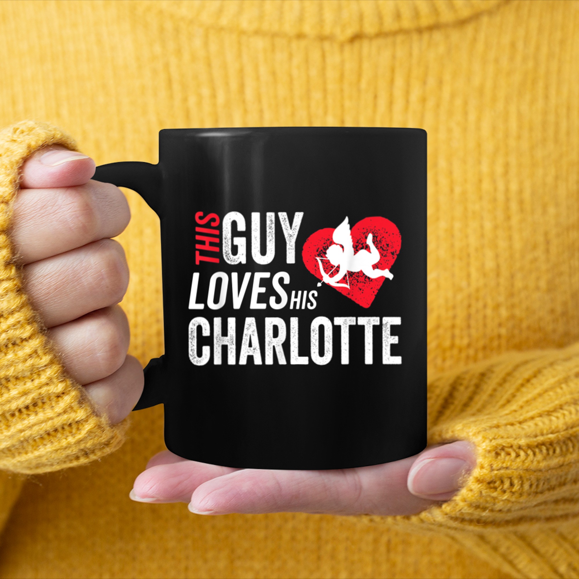 This guy loves his Charlotte valentine Anniversary Cupid mug black