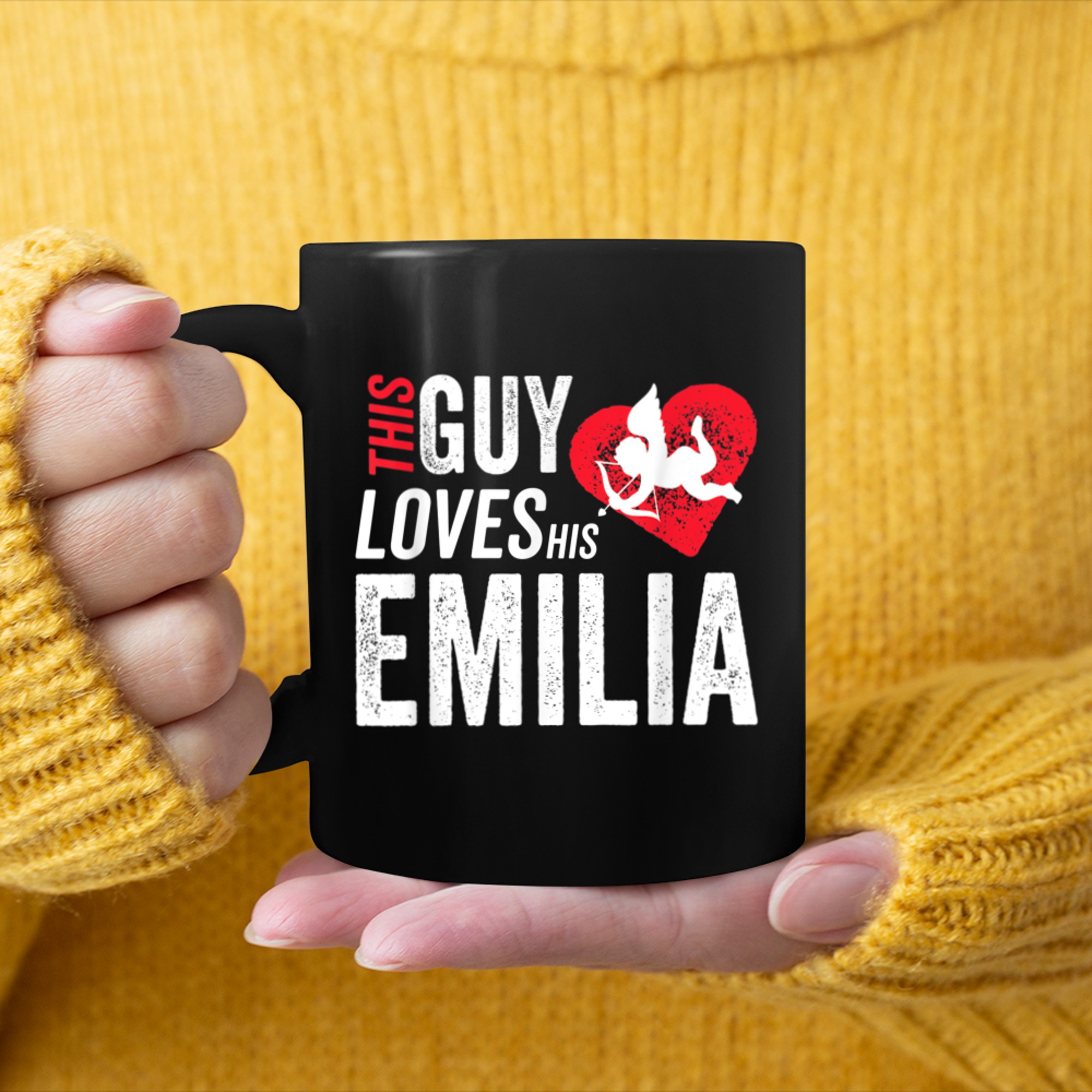 This guy loves his Emilia Valentine Anniversary Cupid Heart mug black