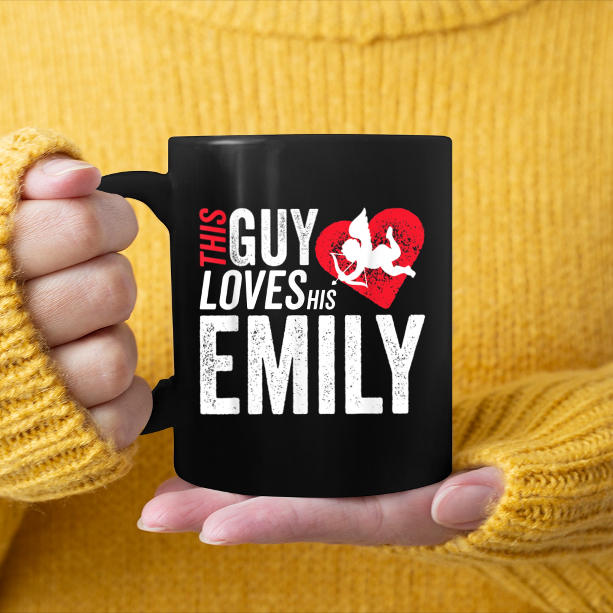 This Guy loves his Emily Valentine Anniversary Cupid Heart mug black