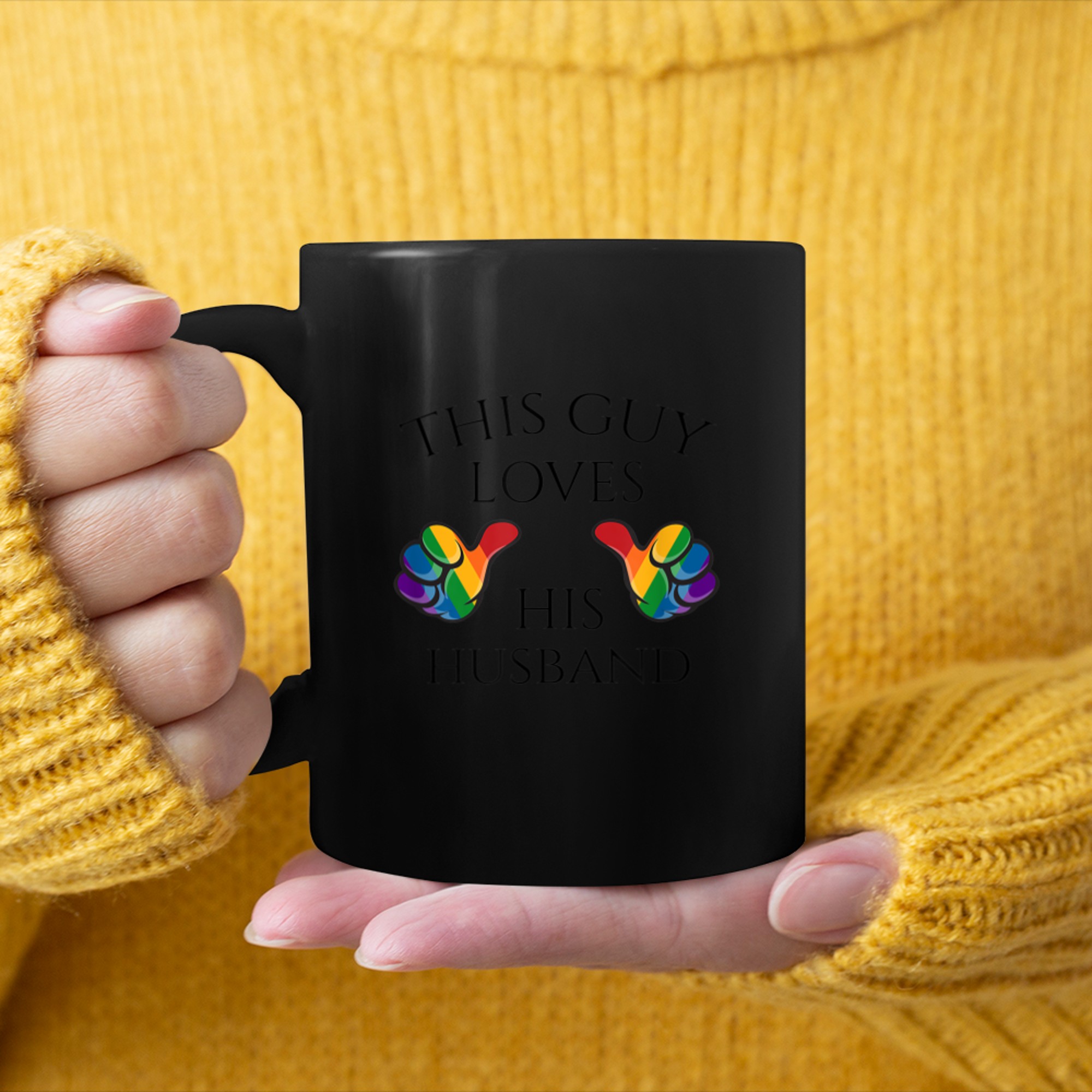 This Guy Loves His Husband Gay Pride Typography with Thumbs mug black