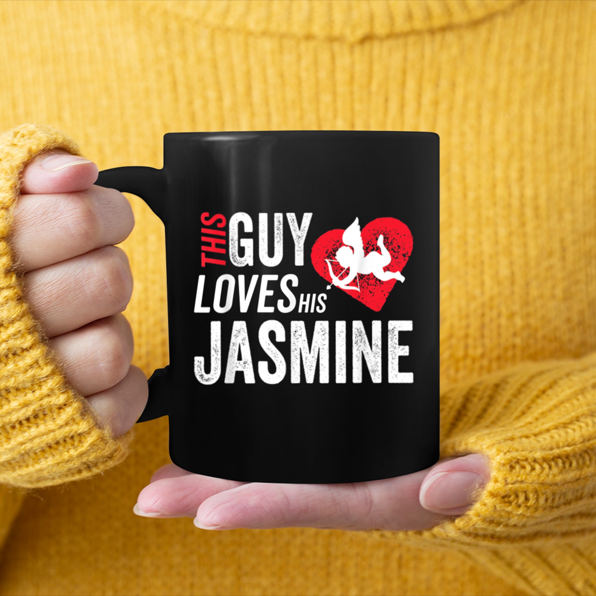 This Guy Loves His Jasmine Valentine Anniversary Cupid Heart mug black