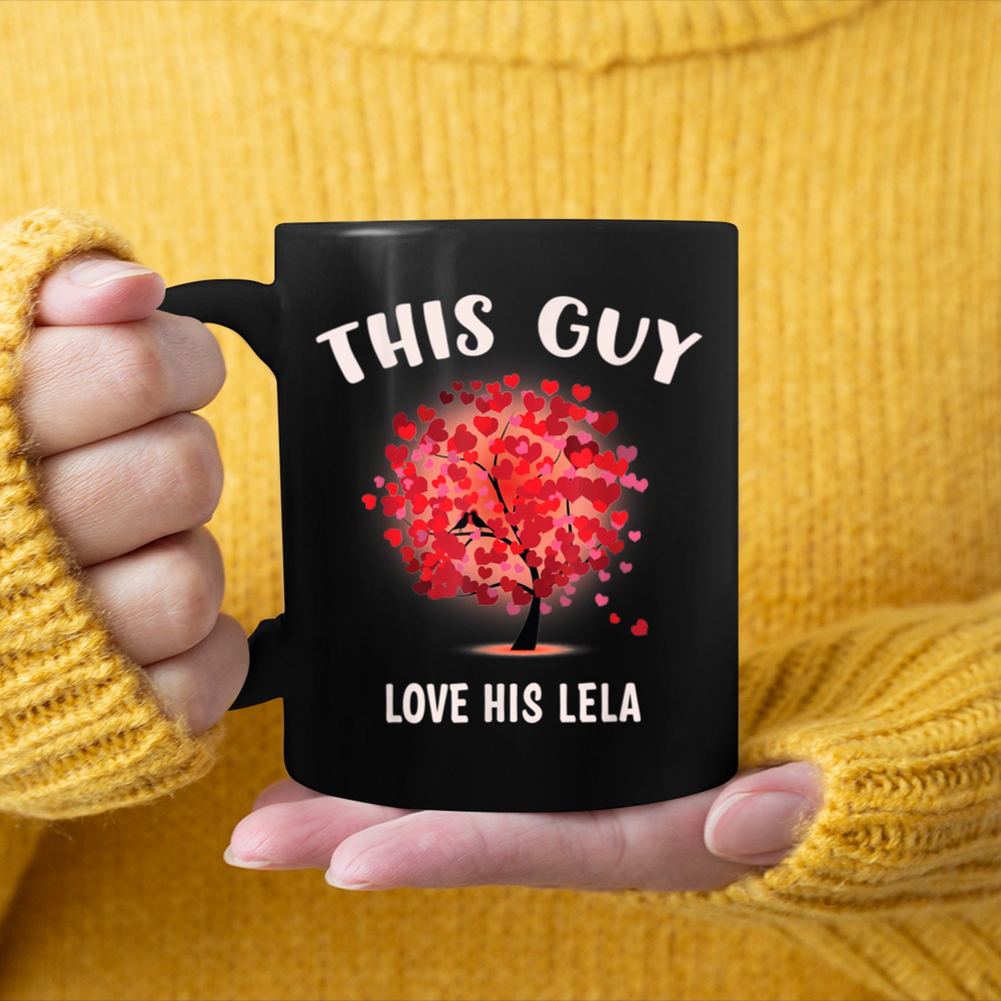 This Guy Loves His LELA Valentine Tree Cupid Heart mug black