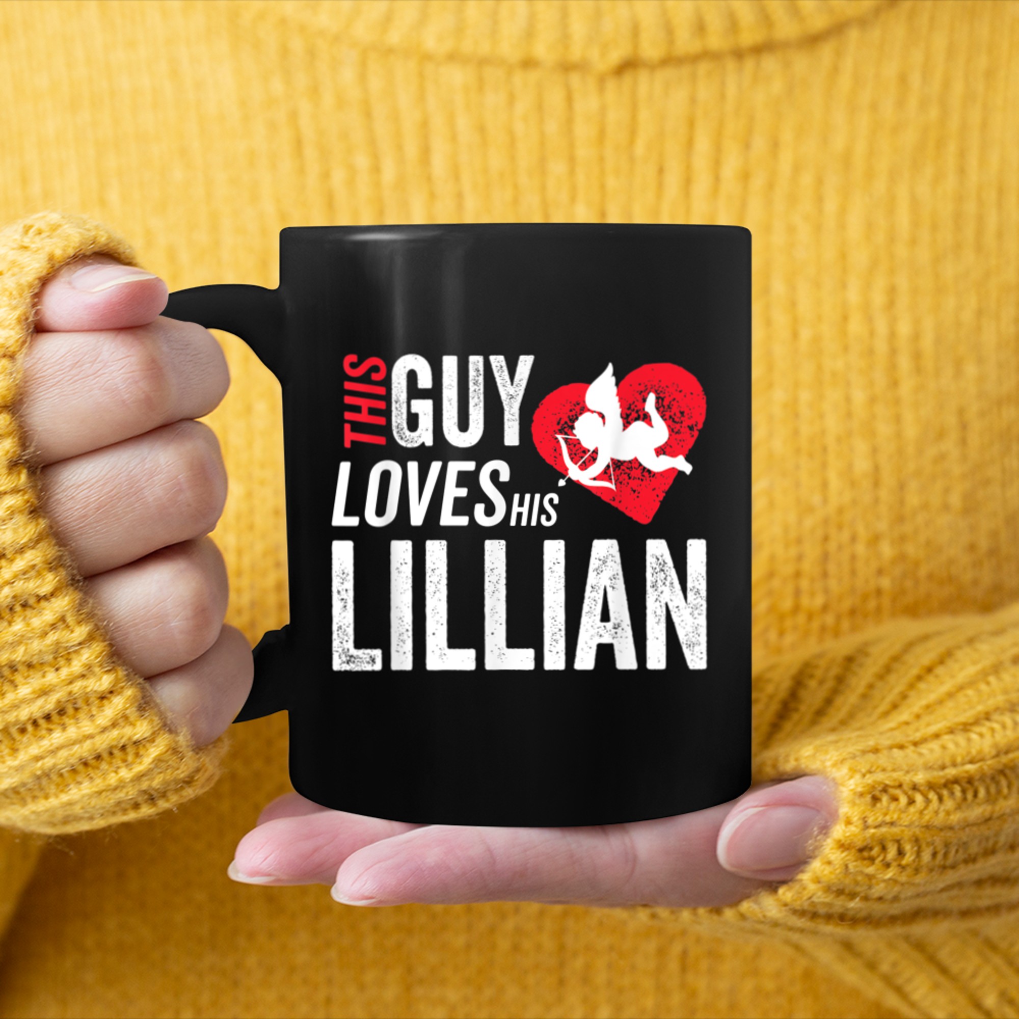 This guy loves his Lillian Valentine Anniversary Cupid Heart mug black