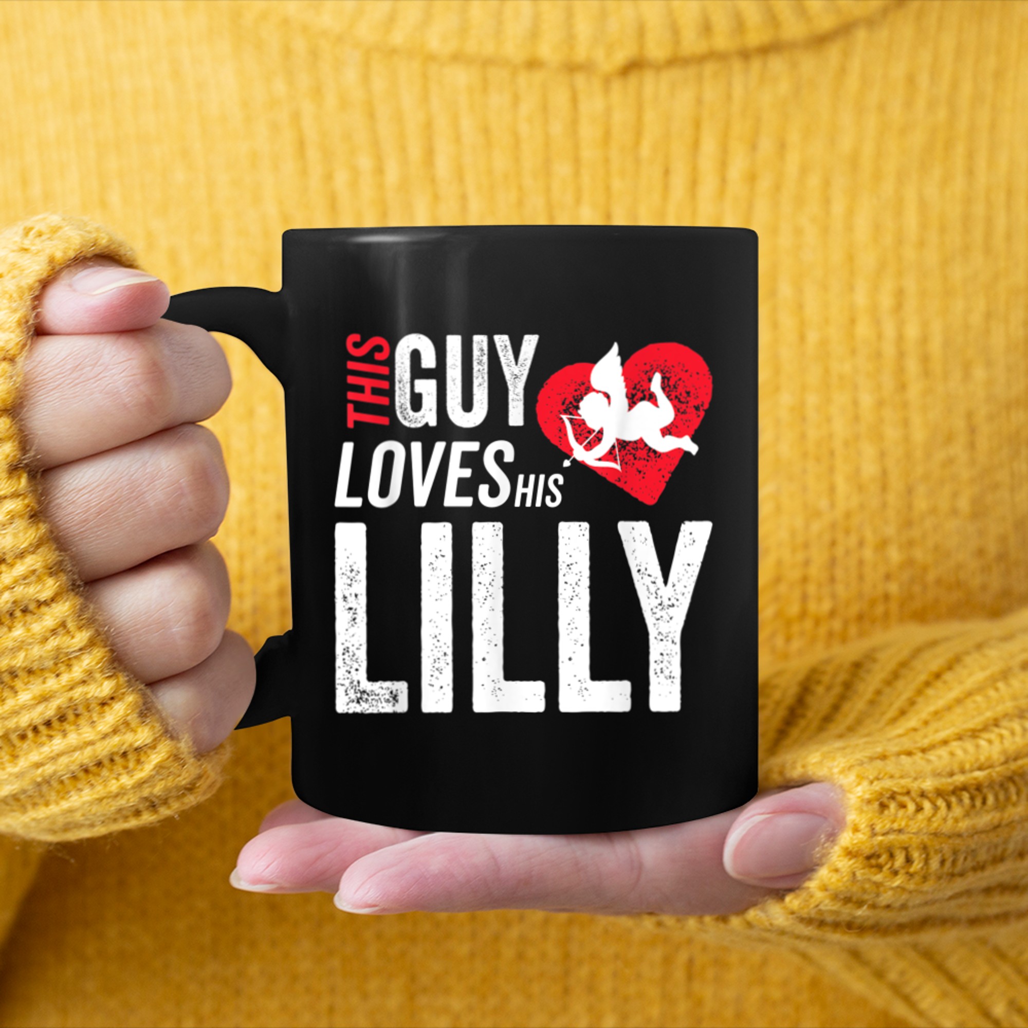 This Guy Loves His Lilly Valentine Anniversary Cupid Heart mug black