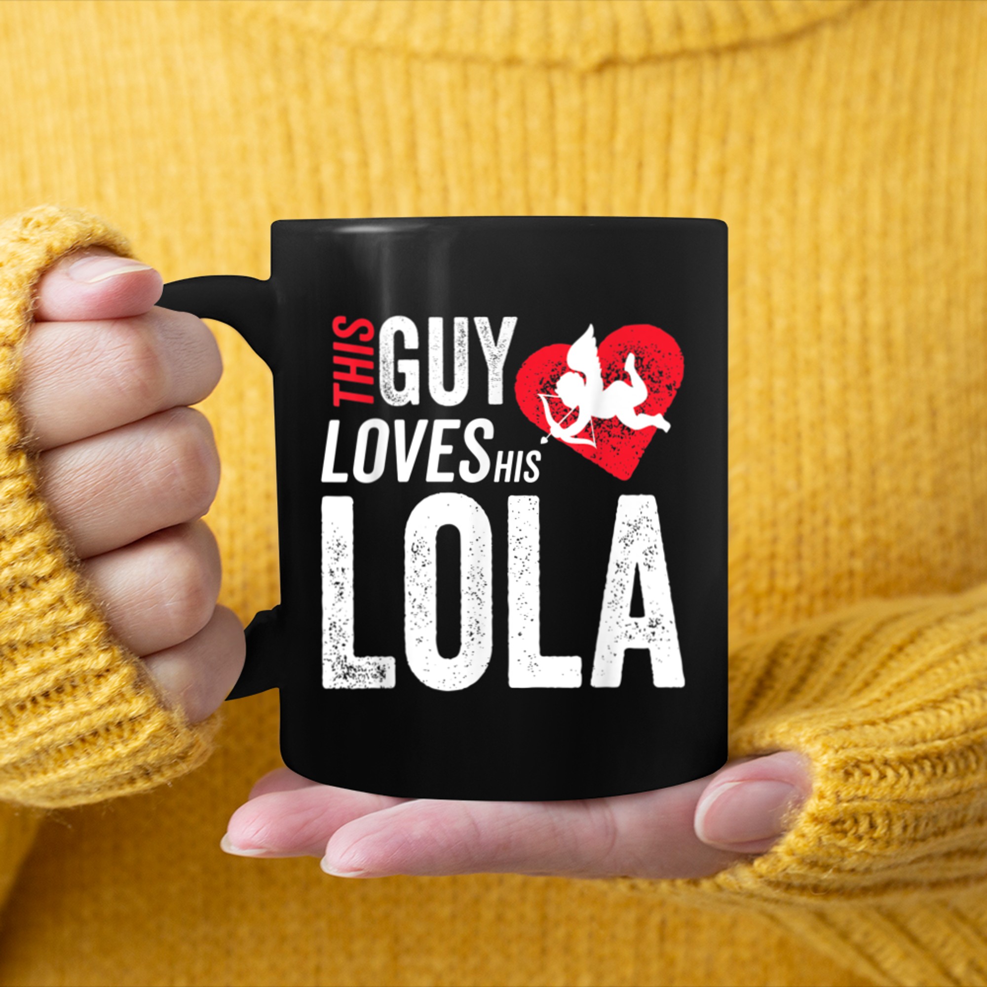 This Guy Loves His Lola Valentine Anniversary Cupid Heart mug black