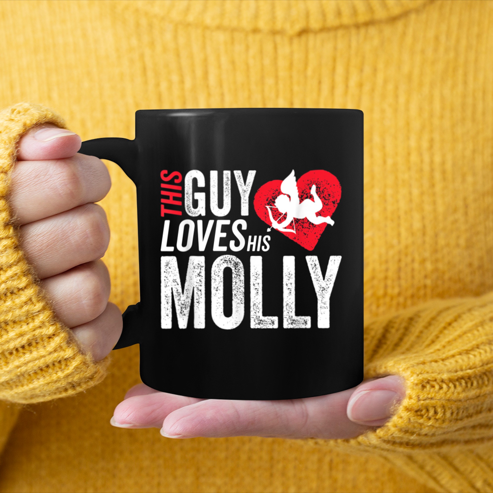 This guy loves his MOLLY Valentine Anniversary Cupid Heart mug black