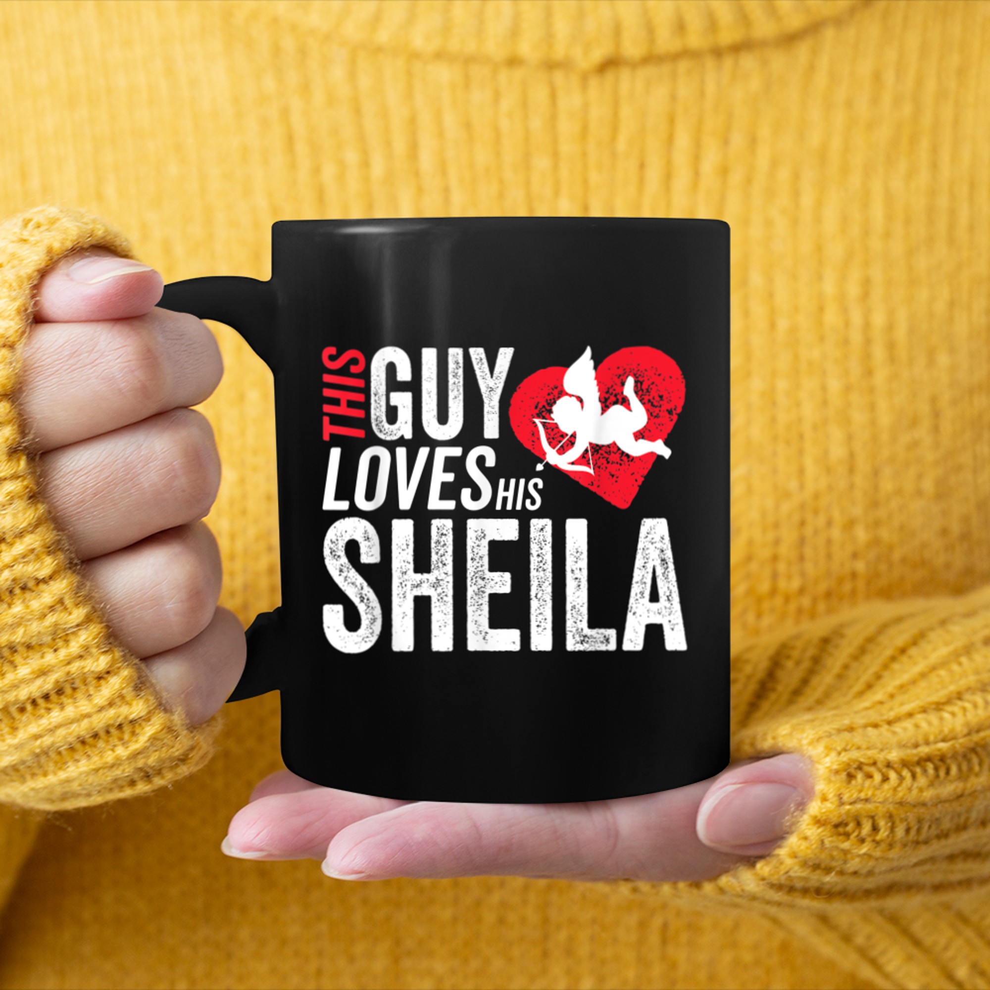 This guy loves his SHEILA Valentine Anniversary Cupid Heart mug black