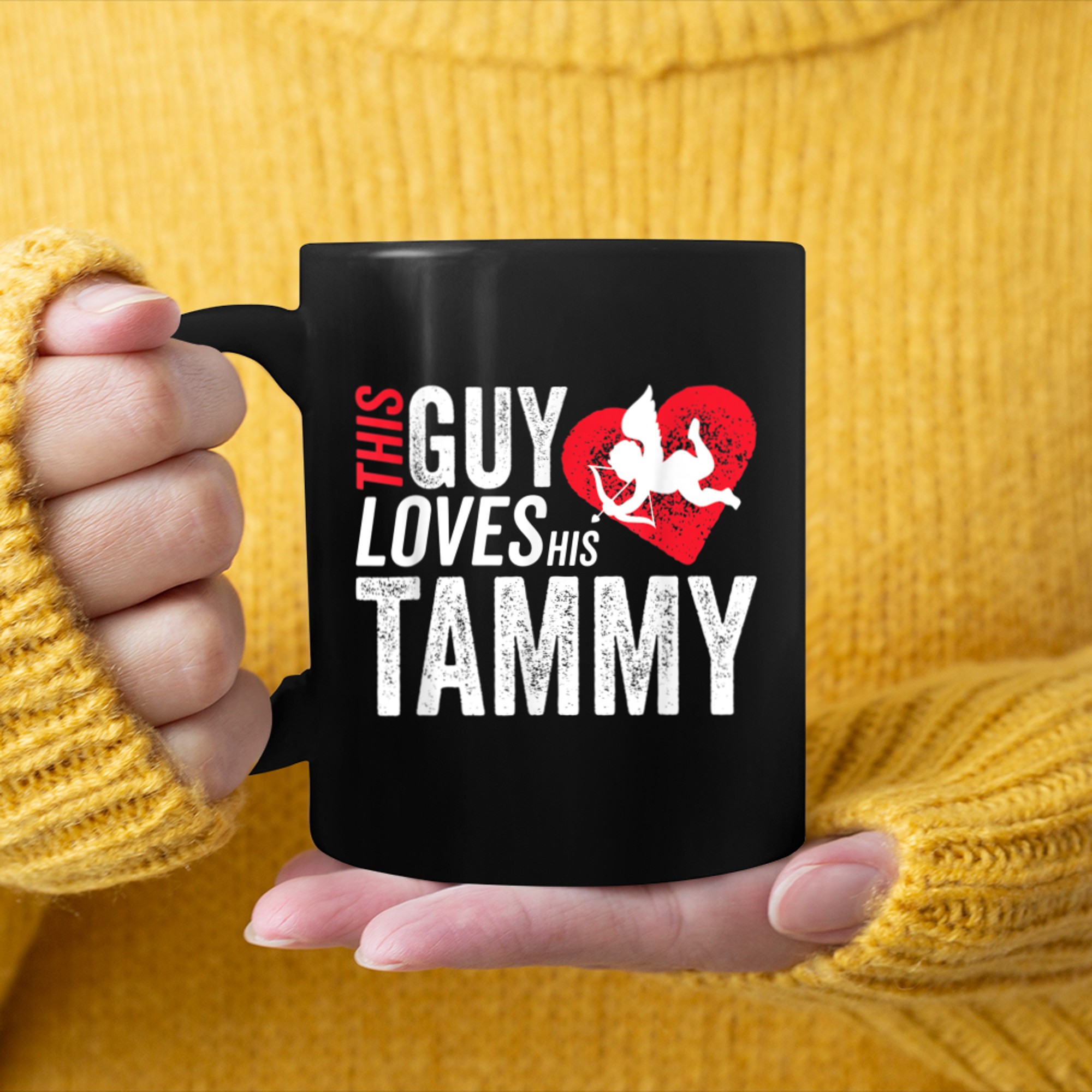 This guy loves his TAMMY, valentine Anniversary Cupid Heart mug black