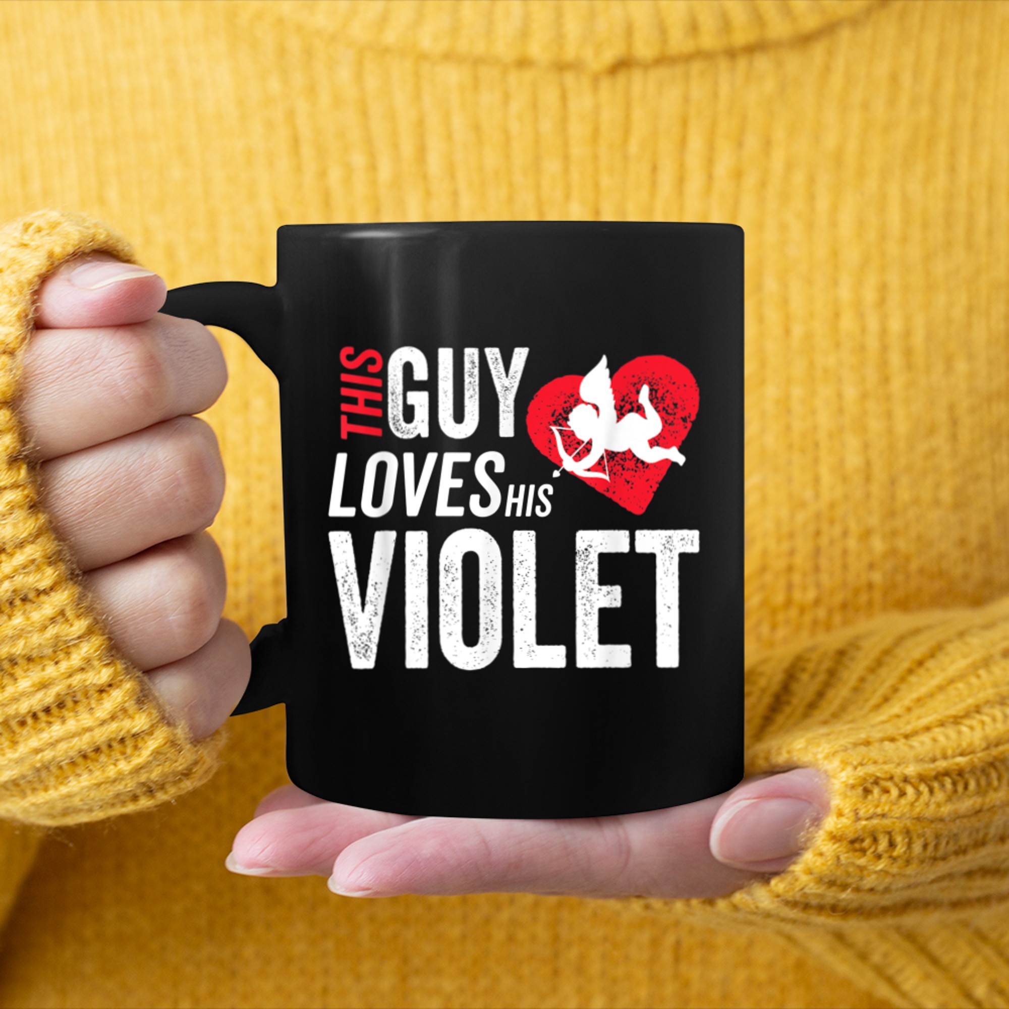 This guy loves his Violet Valentine Anniversary Cupid Heart mug black