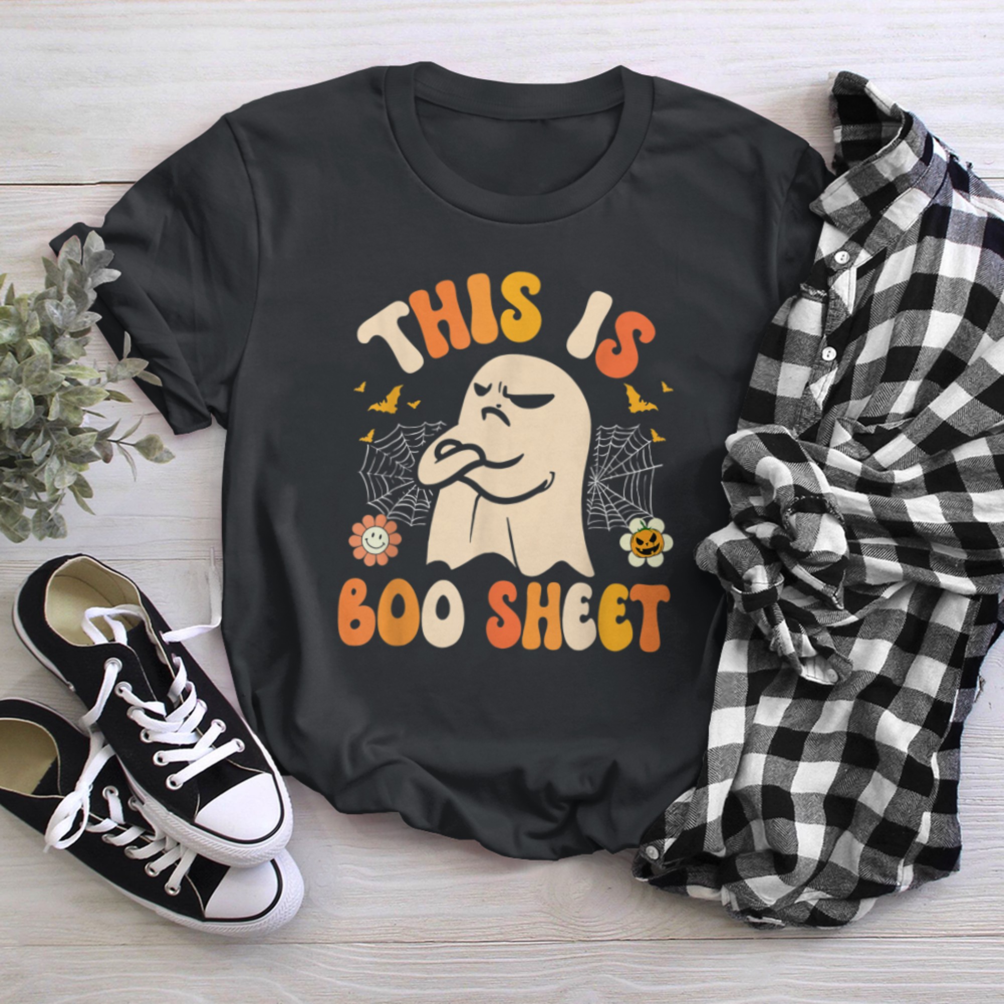 This Is Boo Sheet Ghost Halloween Flowers (2) t-shirt black