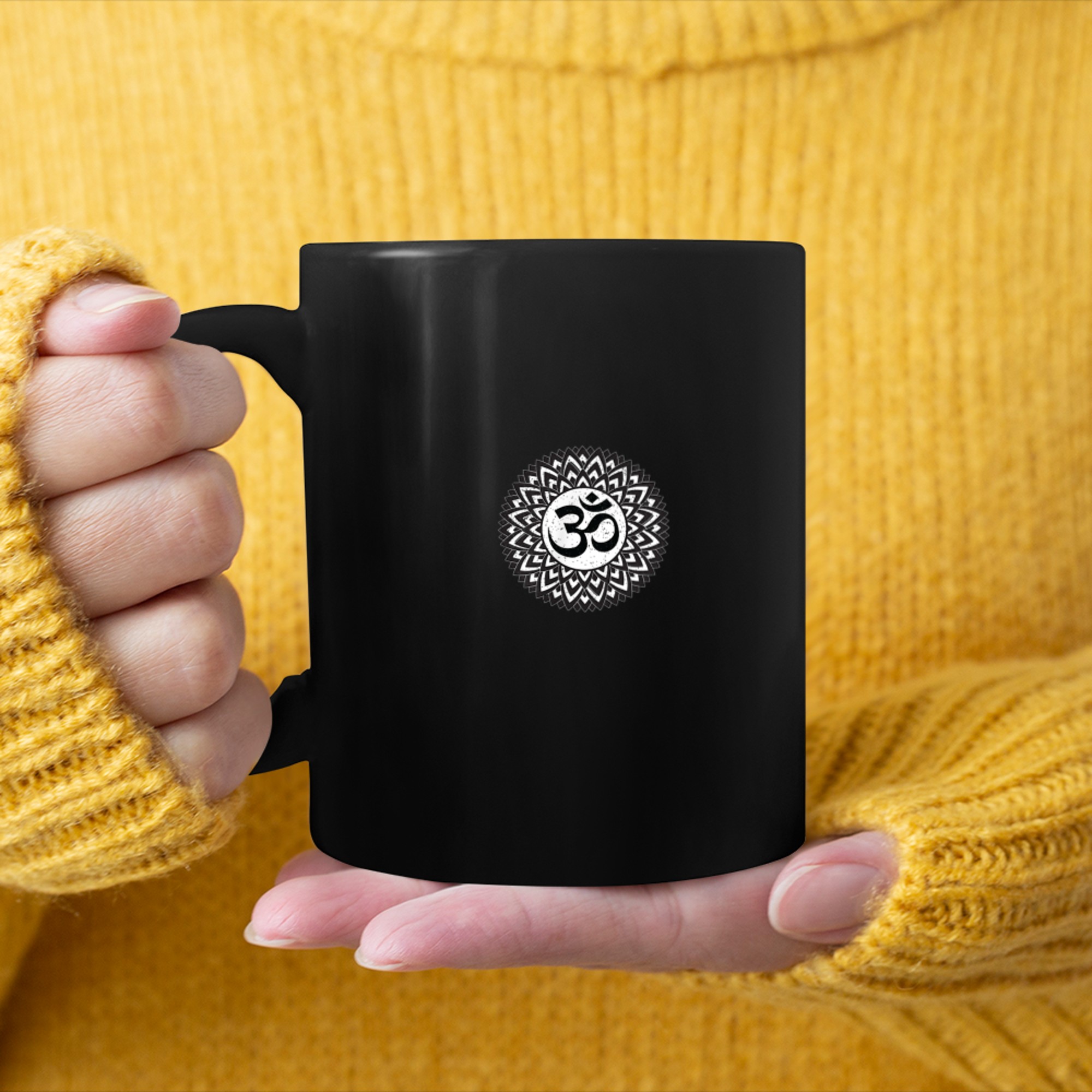 White Mandala Flower Floral Om Symbol On Black Yoga mug black