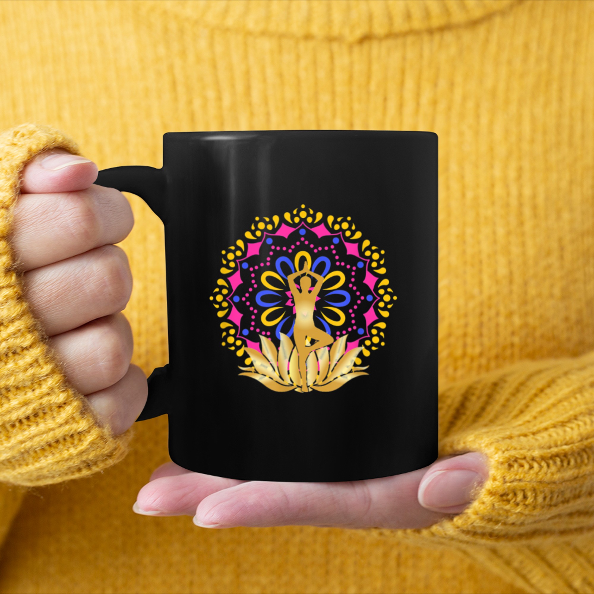 Yoga Mandala Namaste,Mosaic Zen,Om Symbol,Flower Meditation mug black