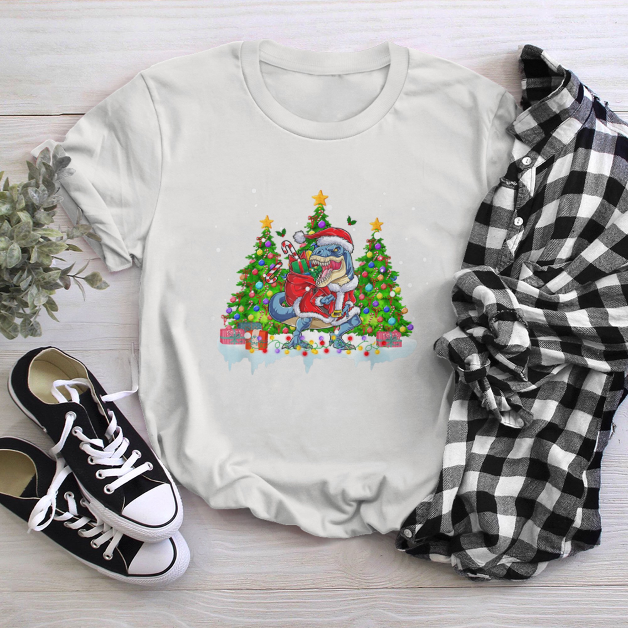 Christmas Dinosaur Tree Rex Pajamas Men Boys Kids Xmas t-shirt White