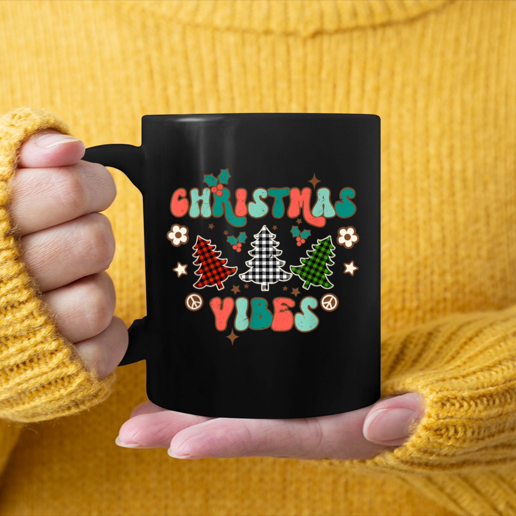 Christmas Vibes Buffalo Plaid Christmas Trees Family Holiday mug black