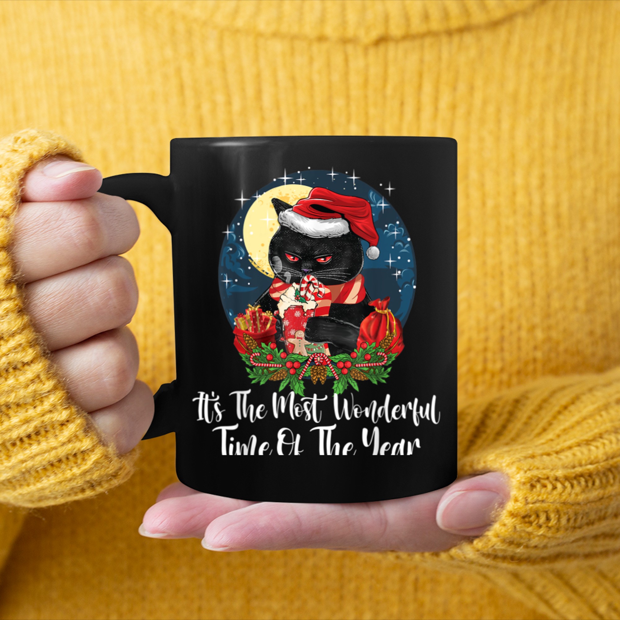 It's The Most Wonderful Time Of The Year Black Cat Christmas (1) mug black