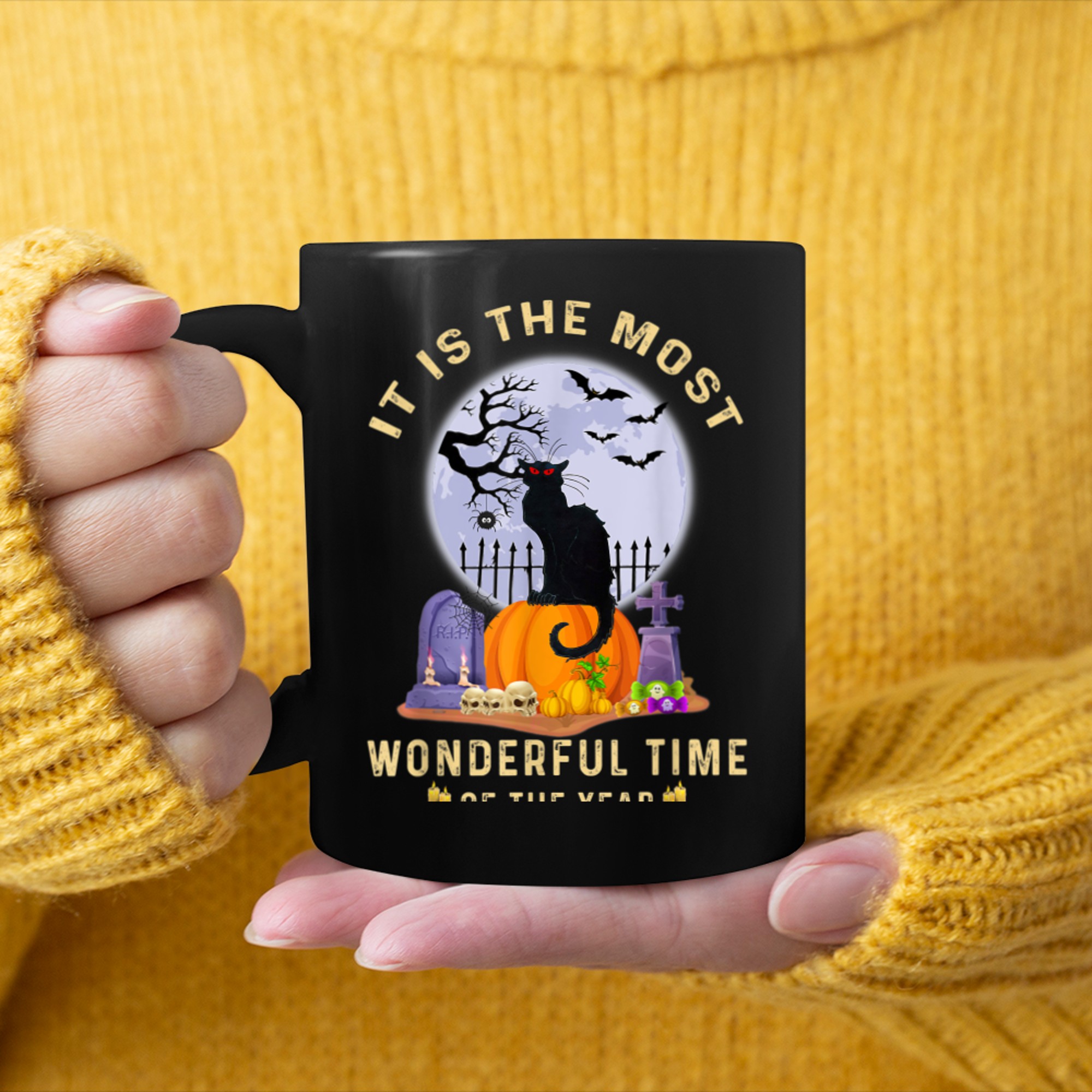 It's The Most Wonderful Time Of the Year Black Cat Halloween (2) mug black