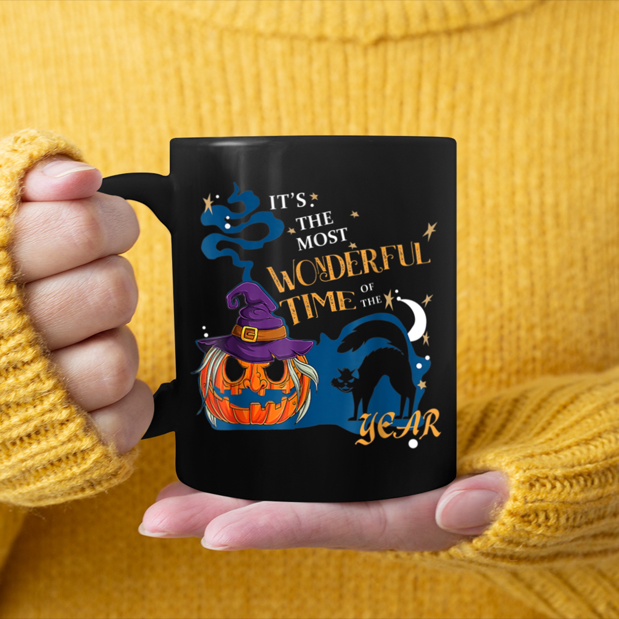 It's the Most Wonderful Time Of The Year Black Cat Pumpkin (1) mug black