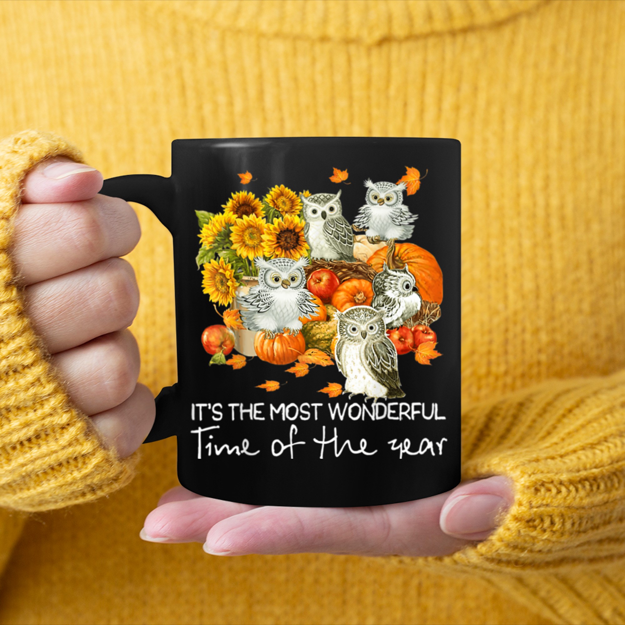 It's the most wonderful time of the year Owls pumpkin mug black