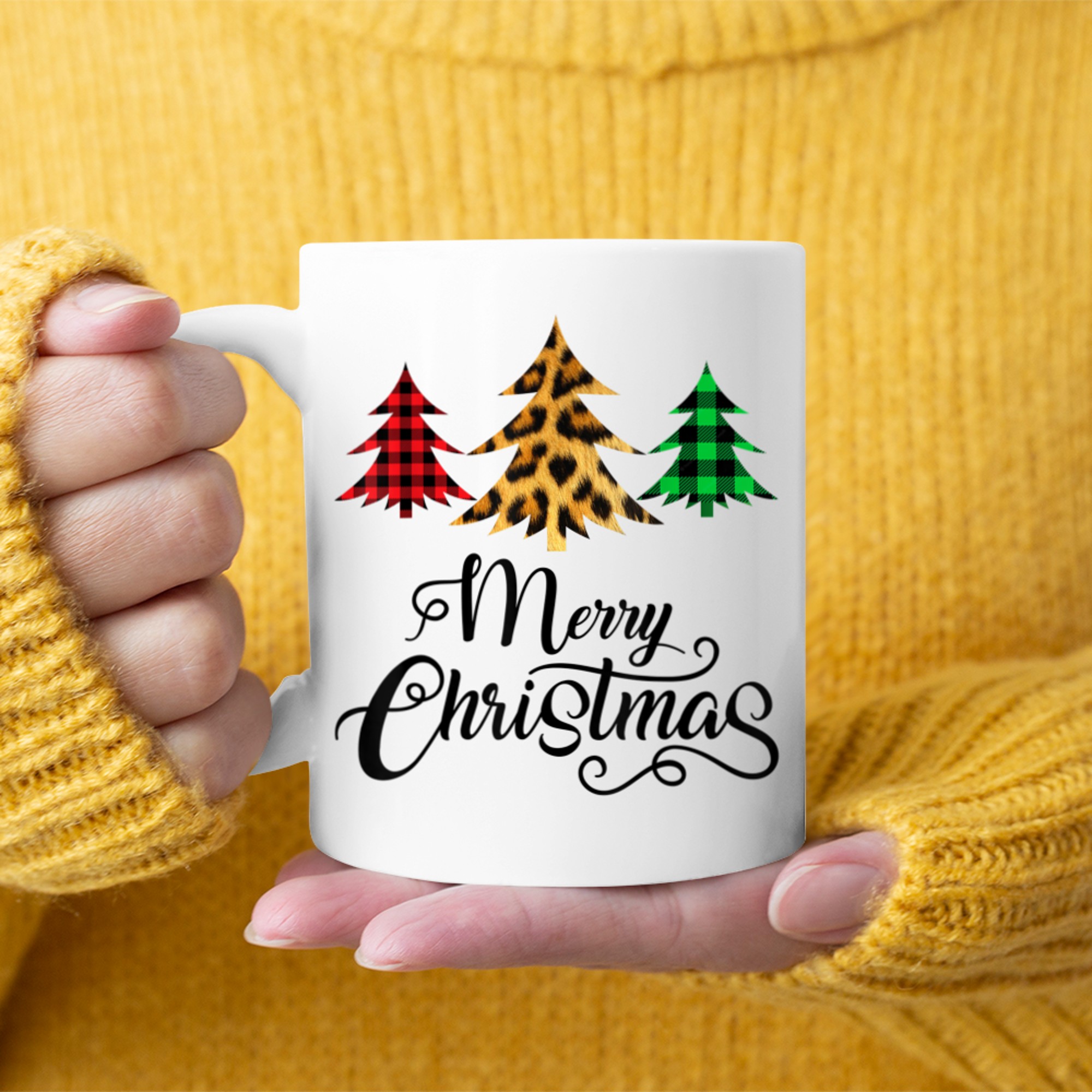 Merry Christmas Leopard Buffalo Green Plaid Christmas Tree mug white