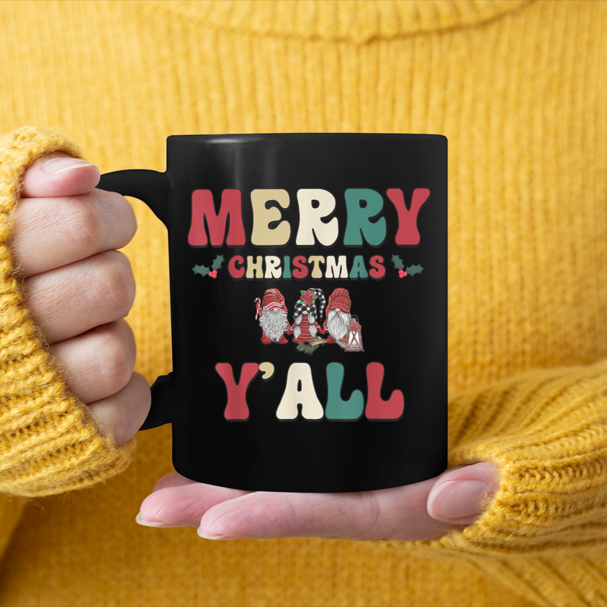 Merry Christmas Y'all Gnome Santa Claus Family Xmas Pajama mug black