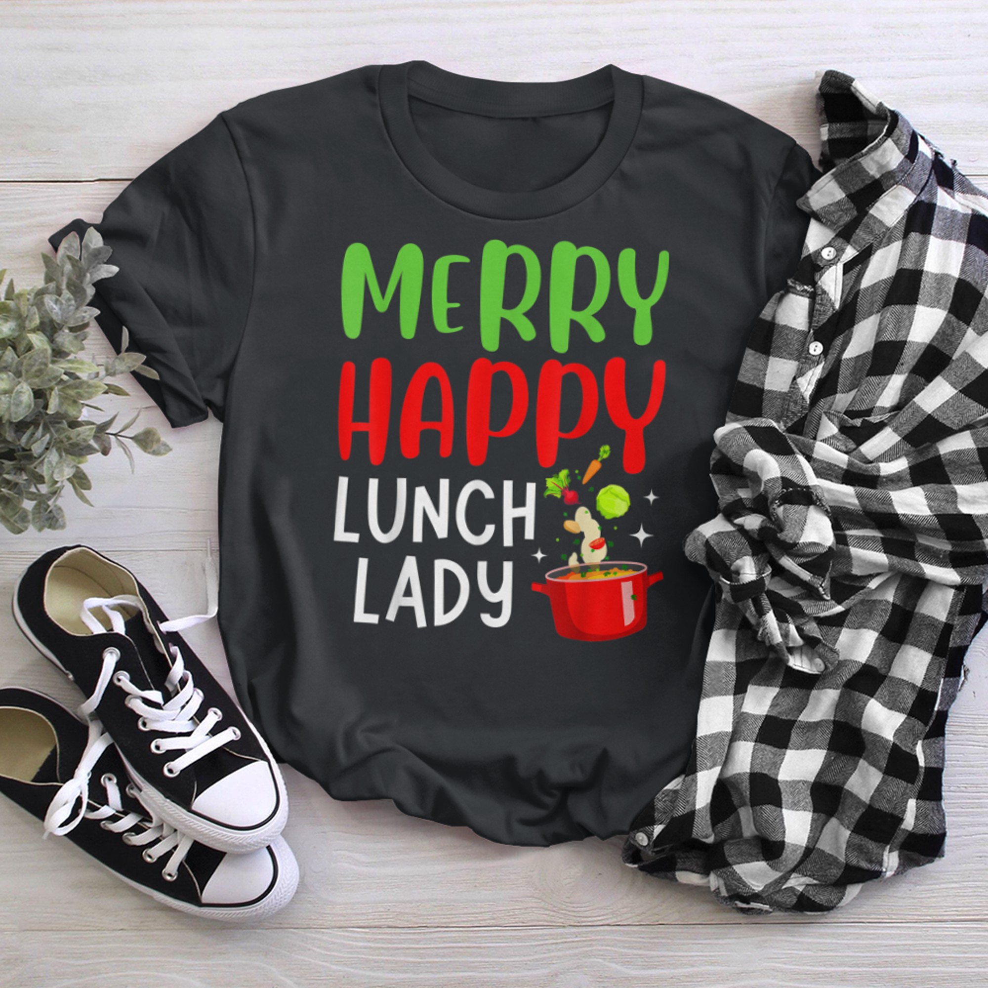 Merry Happy Lunch Lady New Year Christmas Cafeteria Crew (5) t-shirt black