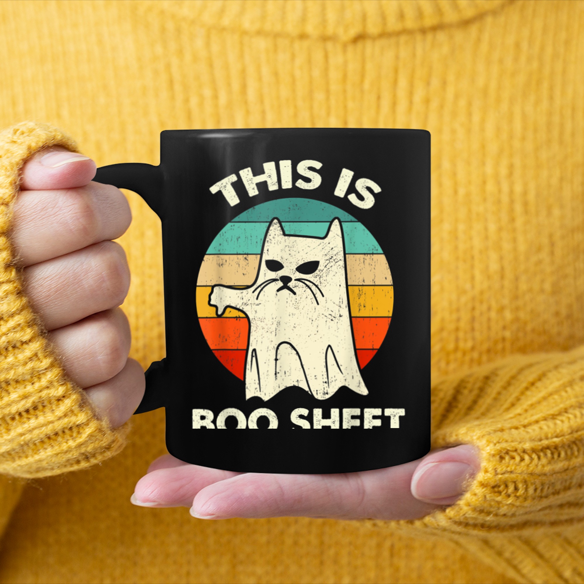 Retro This Is Boo Sheet Cat Ghost Funny Halloween Costume mug black