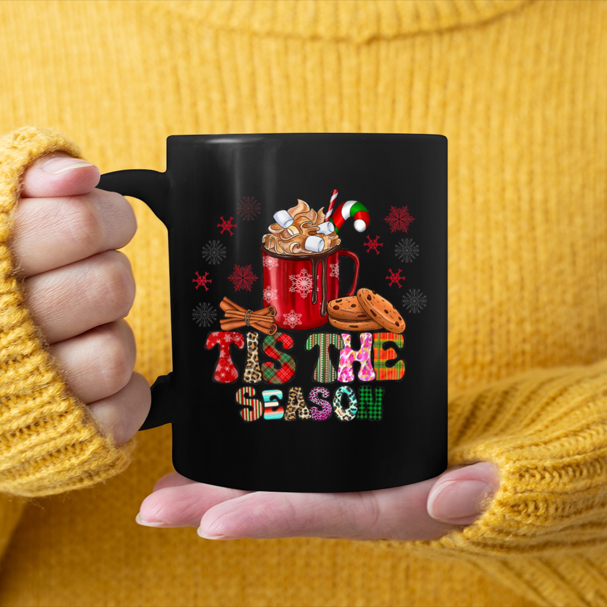 Retro Tis The Season Leopard Plaid Hot Cocoa Cookies Xmas mug black