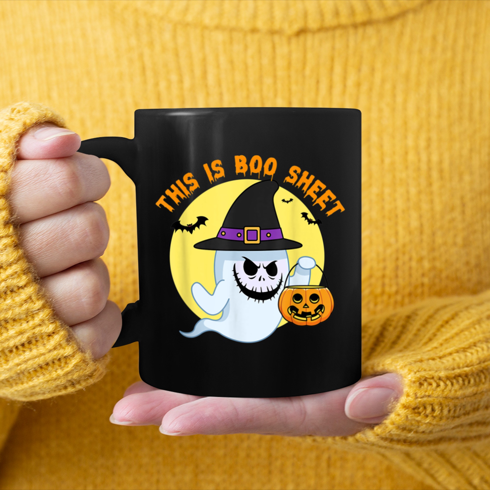 This Is Boo Sheet, Funny Pumpkin Ghost Halloween Saying mug black